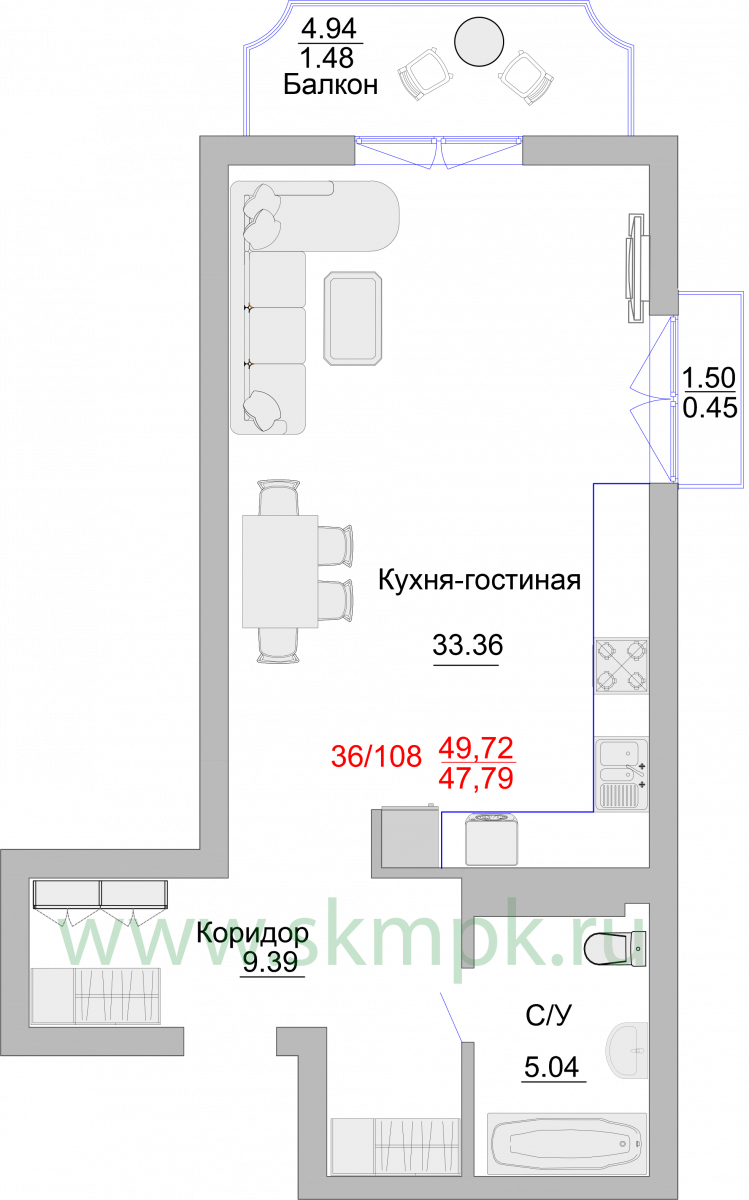 Апартаменты №36, 1-комнатная, 54.8 м², 6 этаж - планировка, Недвижимость у моря «Пионерский», 2 корпус