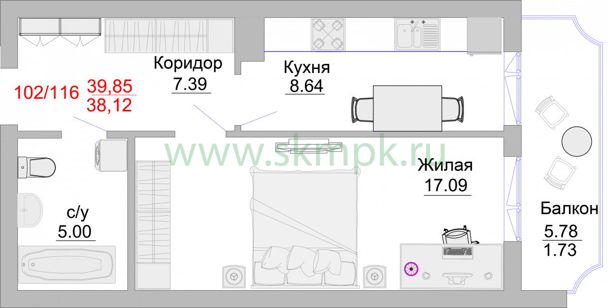 Апартаменты №99, 1-комнатная, 44.5 м², 6 этаж - планировка, Недвижимость у моря «Пионерский», 2 корпус