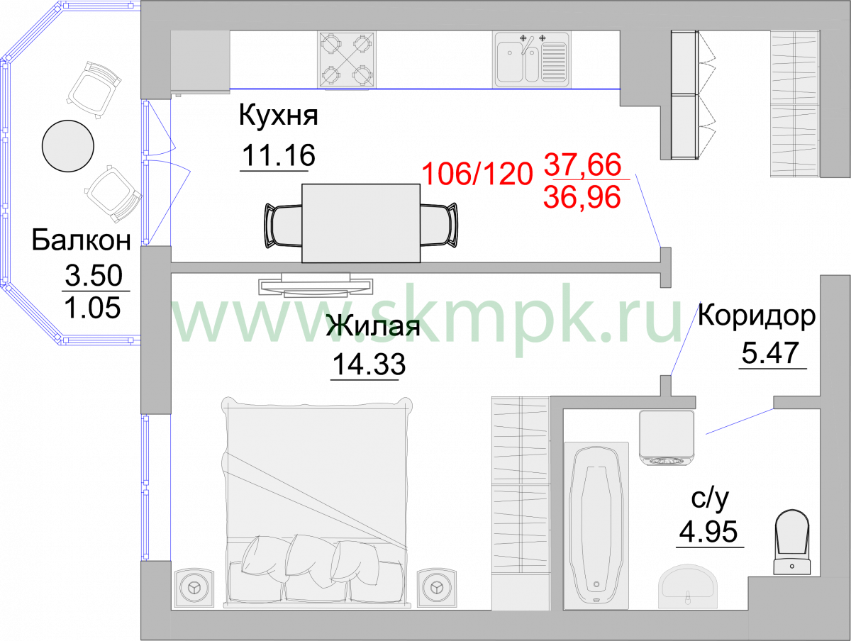 1 комнатные апартаменты 40.9 м, Пионерский, 2 корпус / 6 этаж, г. Пионерский - фото 1