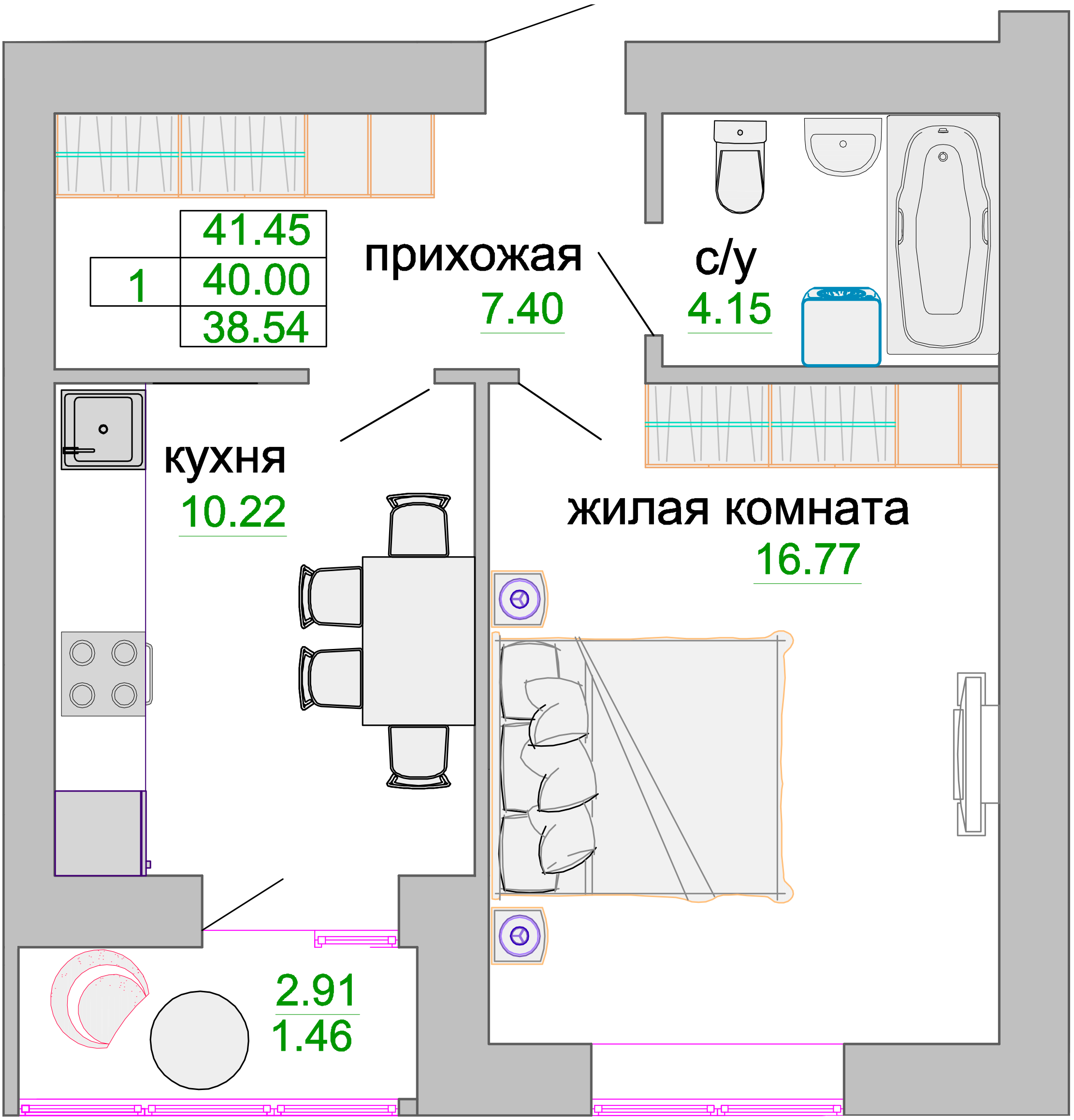 Квартира №1, 1-комнатная, 40.4 м², 1 этаж - планировка, ЖК «Венецианский квартал», дом 1