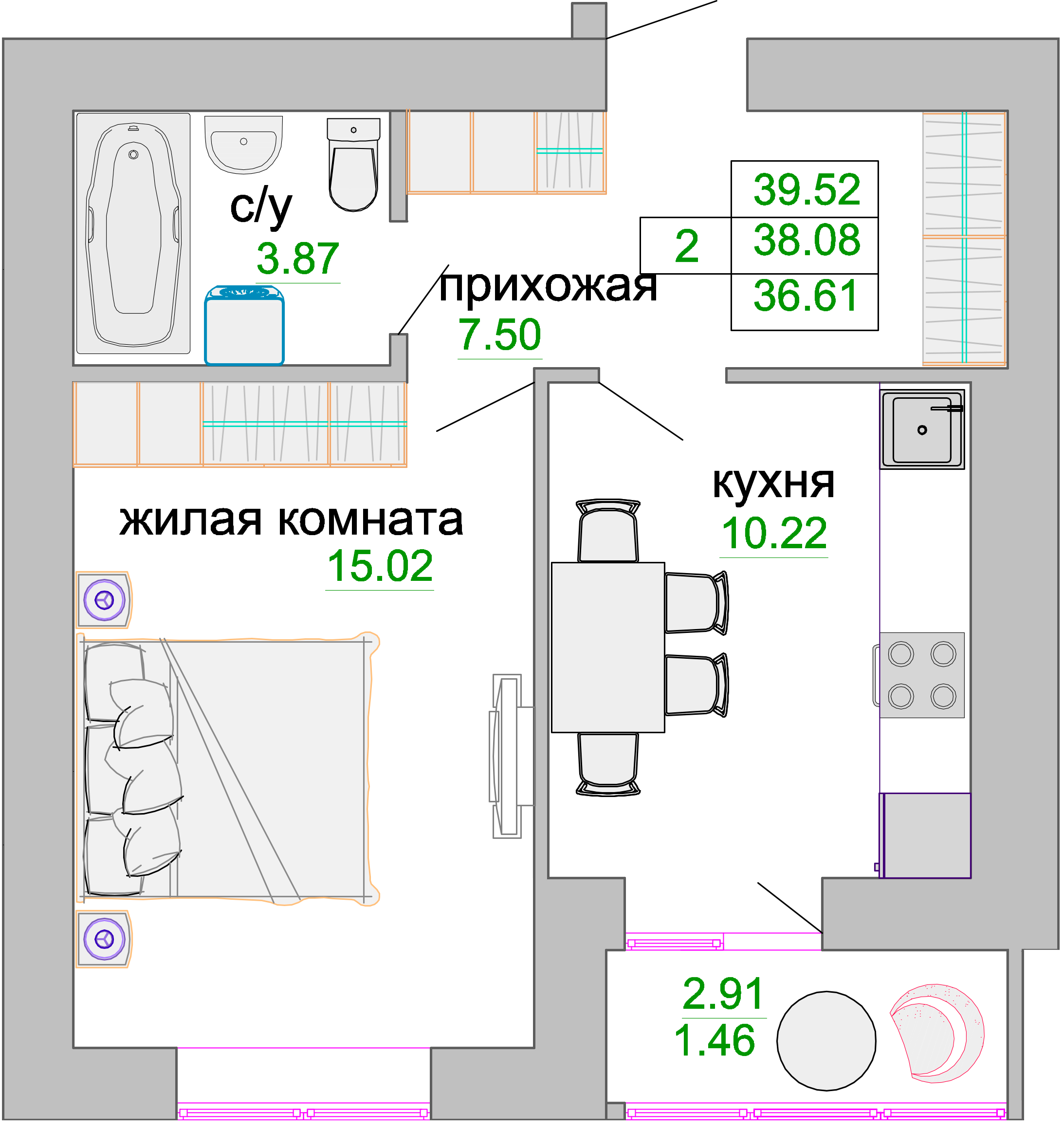 Квартира №2, 1-комнатная, 38.6 м², 1 этаж - планировка, ЖК «Венецианский квартал», дом 1