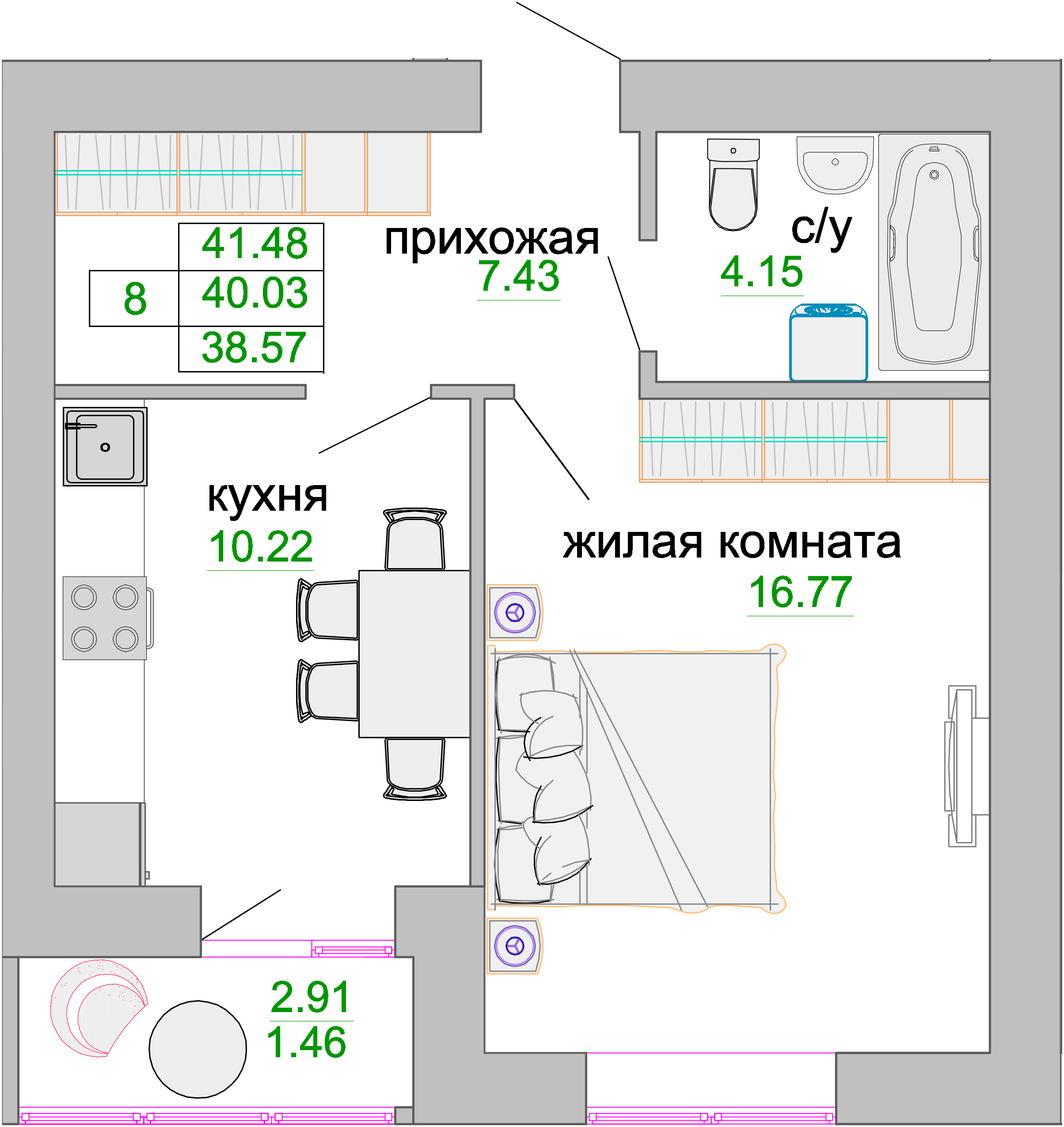 Квартира №8, 1-комнатная, 40.2 м², 2 этаж - планировка, ЖК «Венецианский квартал», дом 1