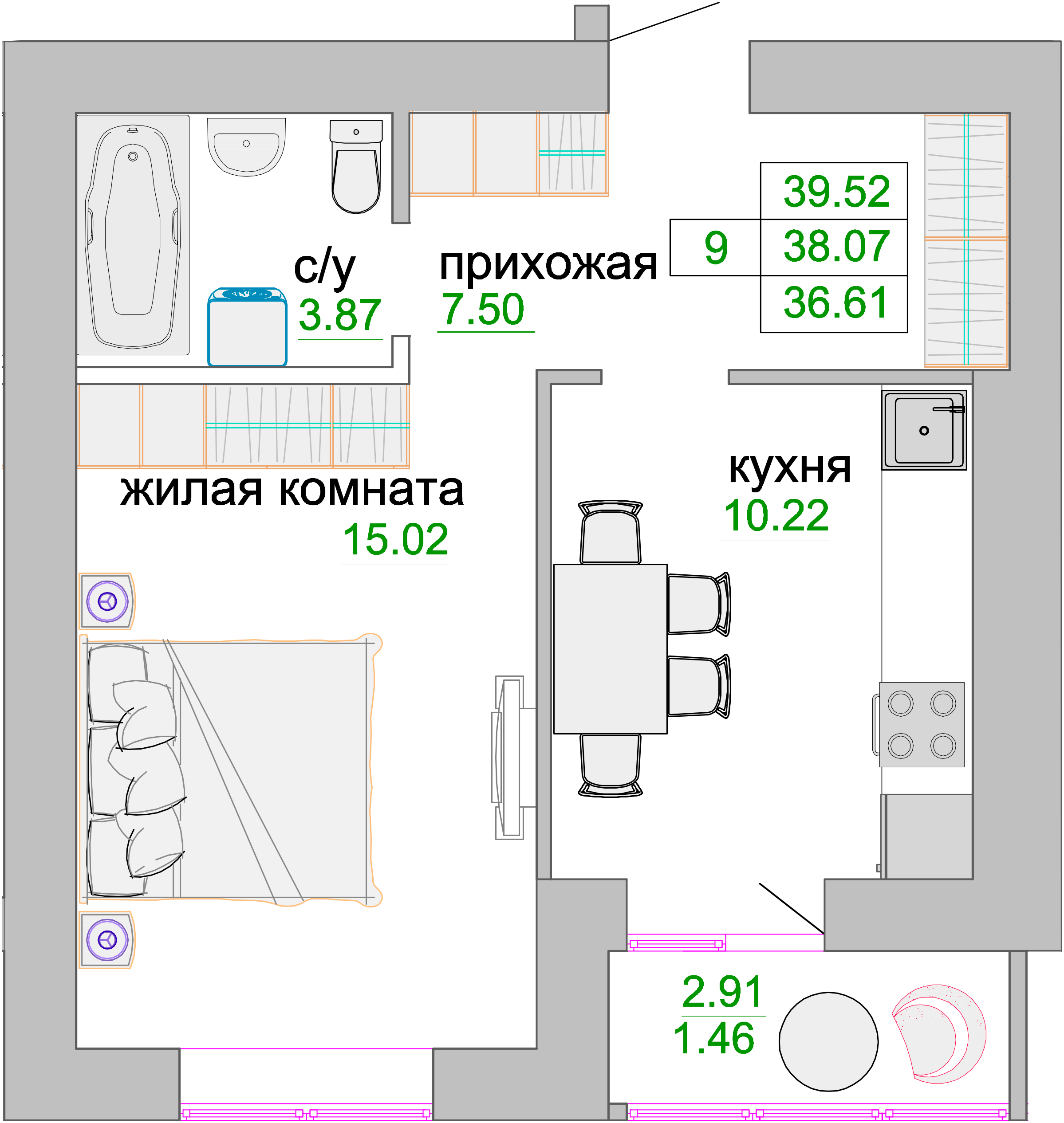 Квартира №9, 1-комнатная, 38.4 м², 2 этаж - планировка, ЖК «Венецианский квартал», дом 1