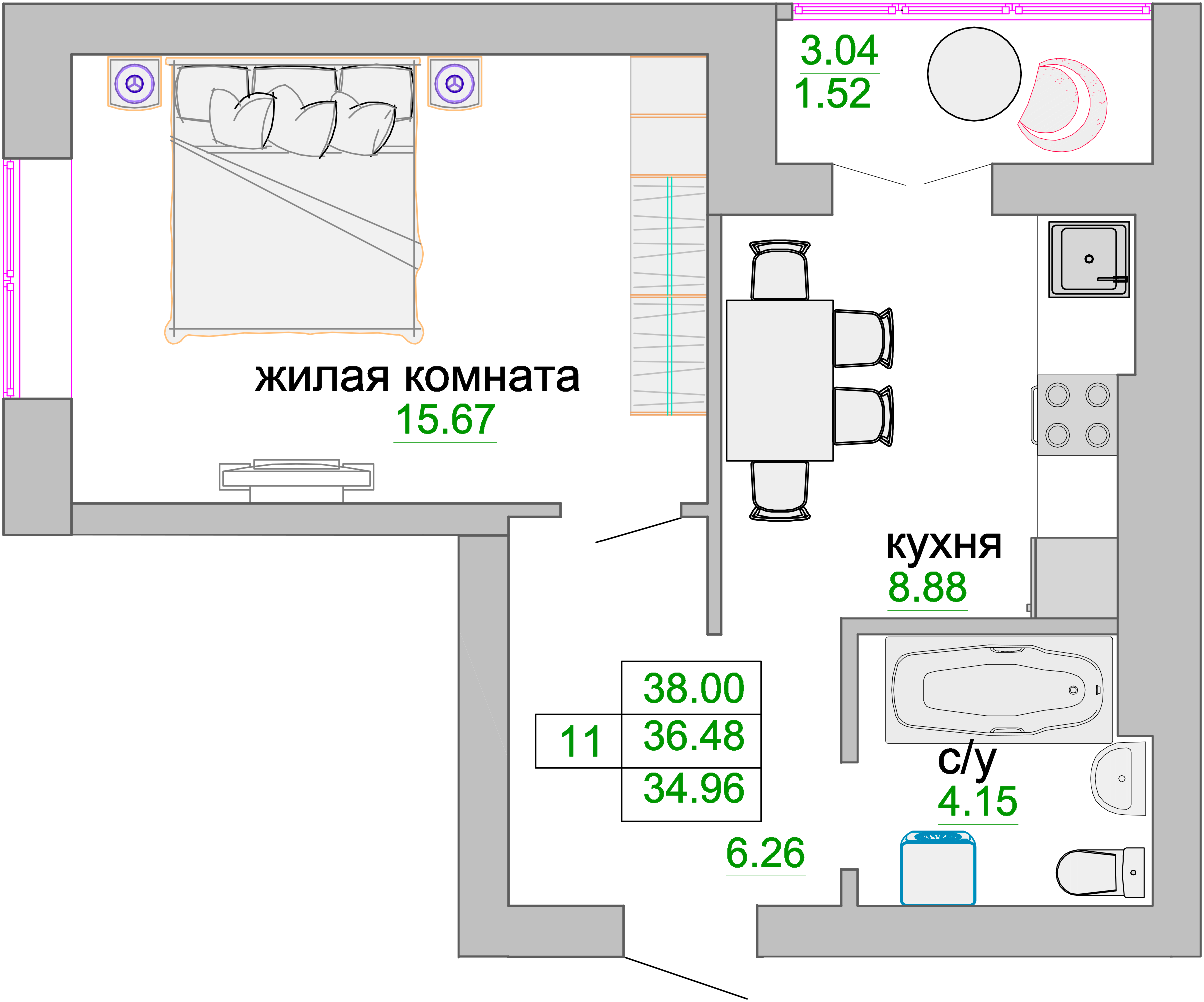 Квартира №11, 1-комнатная, 36.9 м², 2 этаж - планировка, ЖК «Венецианский квартал», дом 1