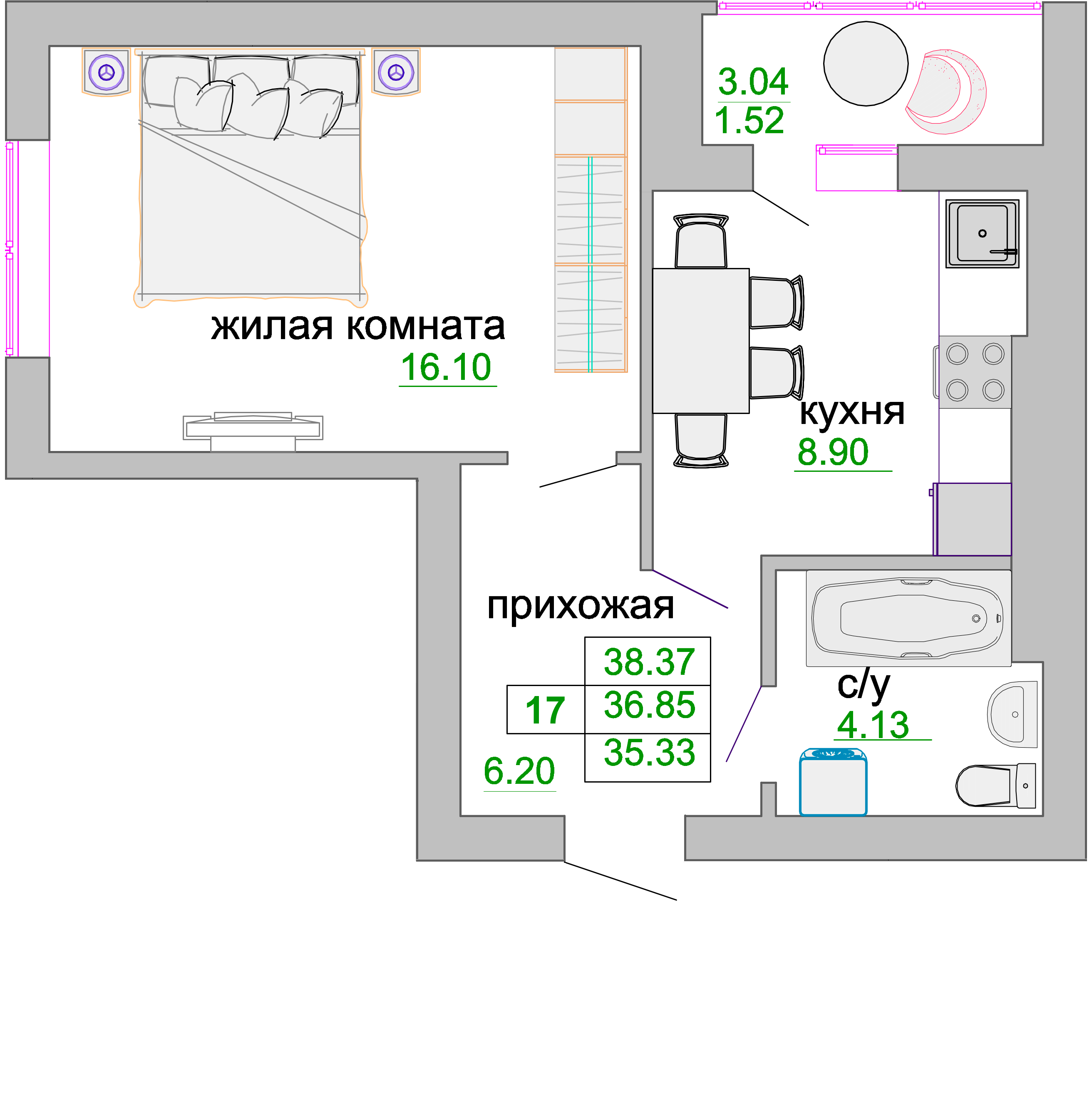 Квартира №17, 1-комнатная, 37.4 м², 3 этаж - планировка, ЖК «Венецианский квартал», дом 1