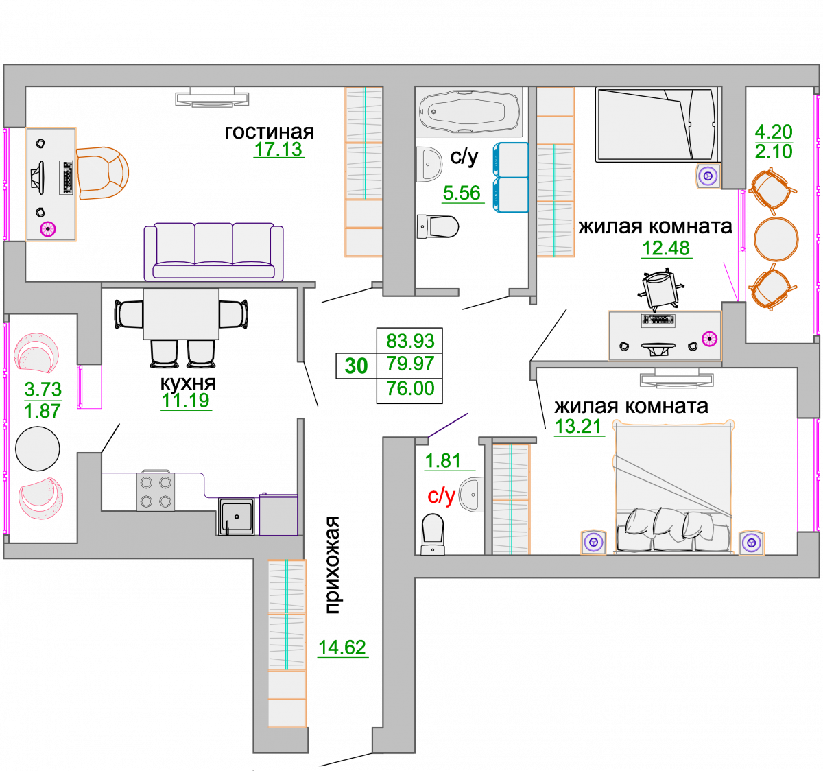 Квартира №30, 3-комнатная, 81.2 м², 6 этаж - планировка, ЖК «Венецианский квартал», дом 1