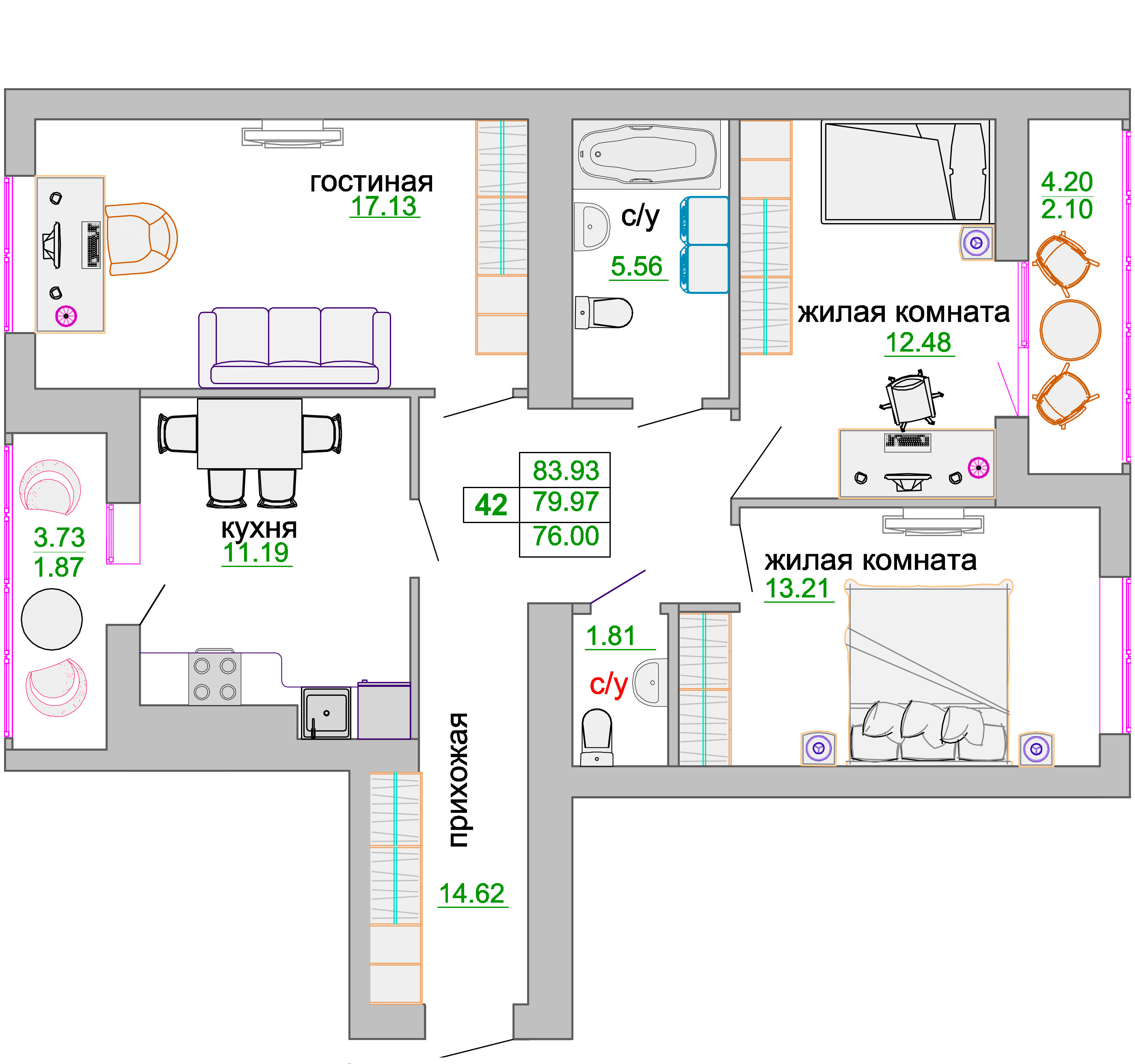 Квартира №42, 3-комнатная, 81.3 м², 8 этаж - планировка, ЖК «Венецианский квартал», дом 1