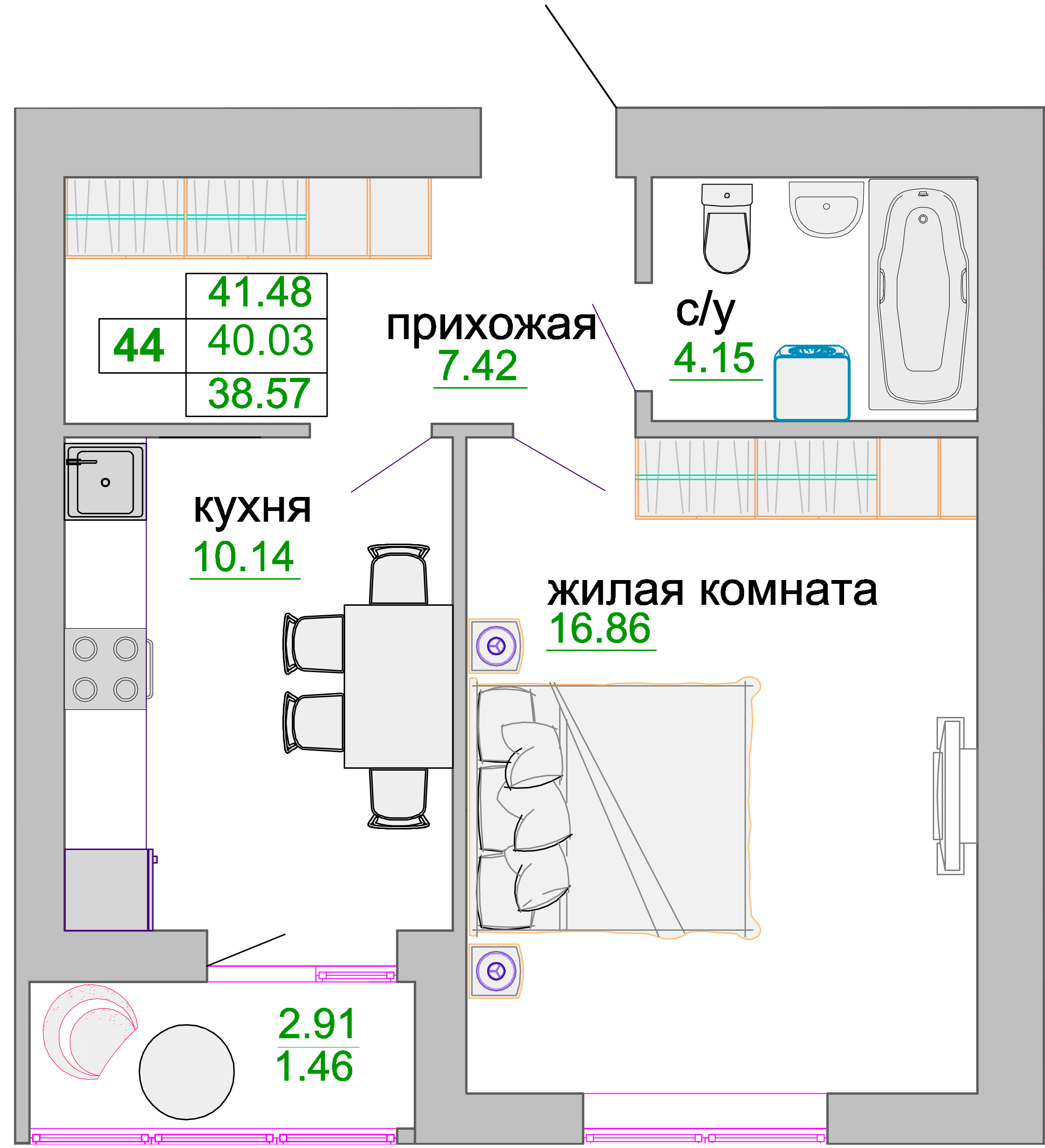 Квартира №44, 1-комнатная, 41.4 м², 8 этаж - планировка, ЖК «Венецианский квартал», дом 1
