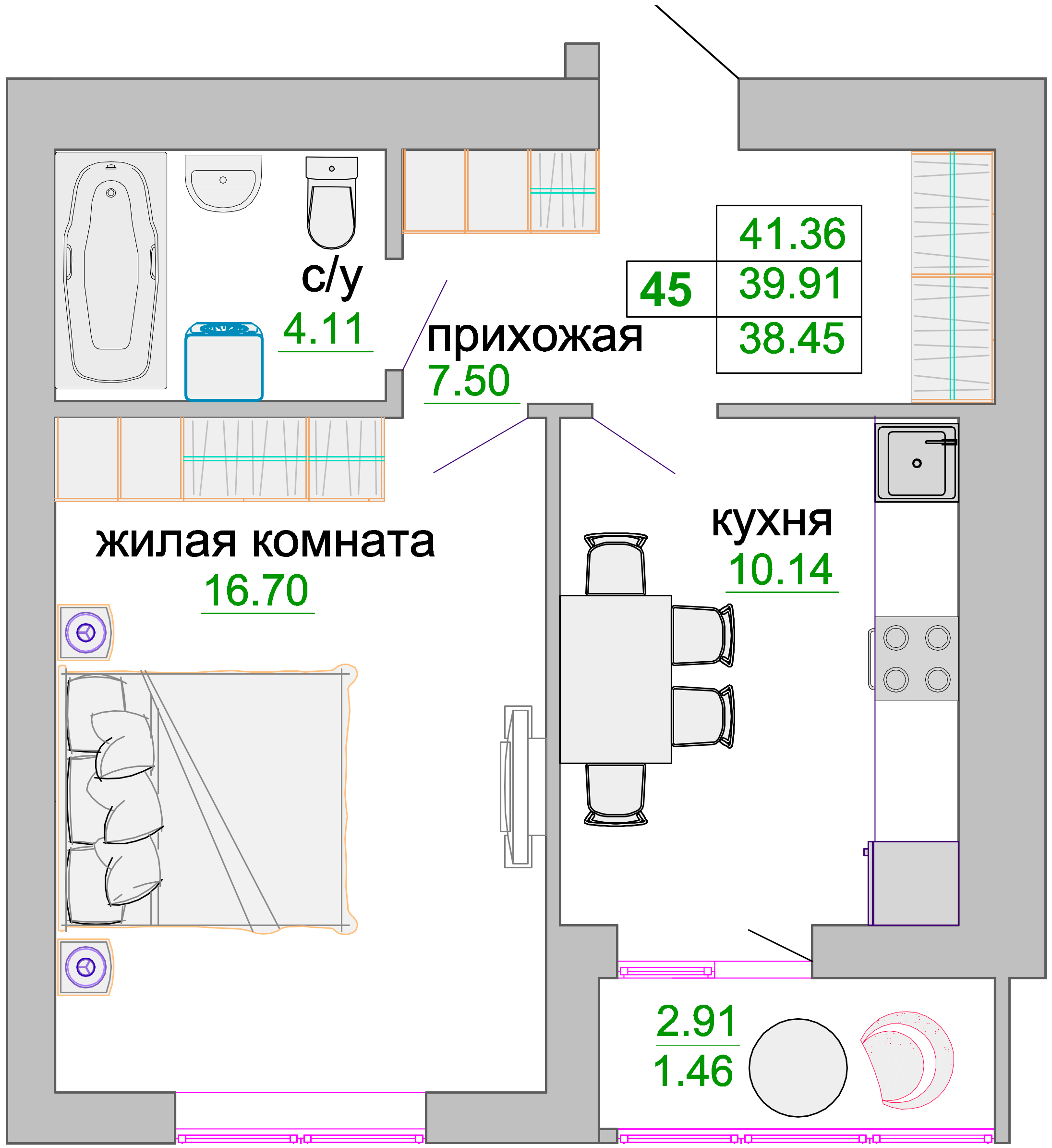 Квартира №45, 1-комнатная, 40.4 м², 8 этаж - планировка, ЖК «Венецианский квартал», дом 1