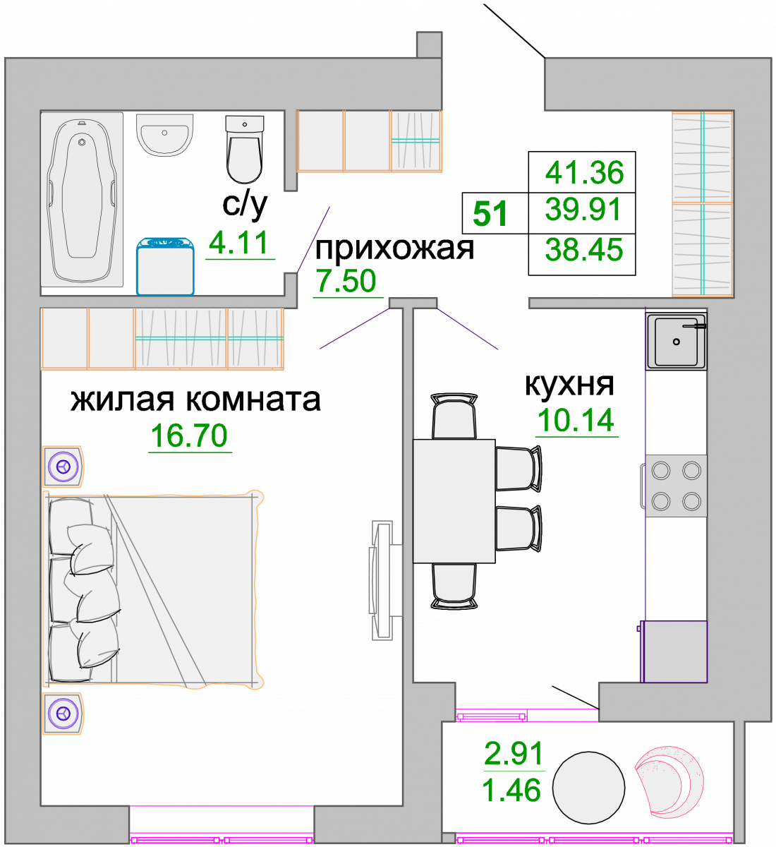 Квартира №51, 1-комнатная, 40.4 м², 9 этаж - планировка, ЖК «Венецианский квартал», дом 1
