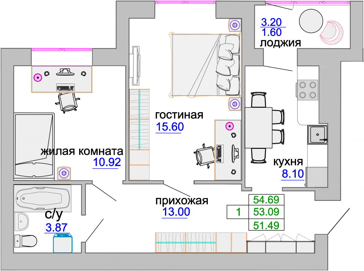 Квартира №54, 2-комнатная, 53.7 м², 1 этаж - планировка, ЖК «Венецианский квартал», дом 1