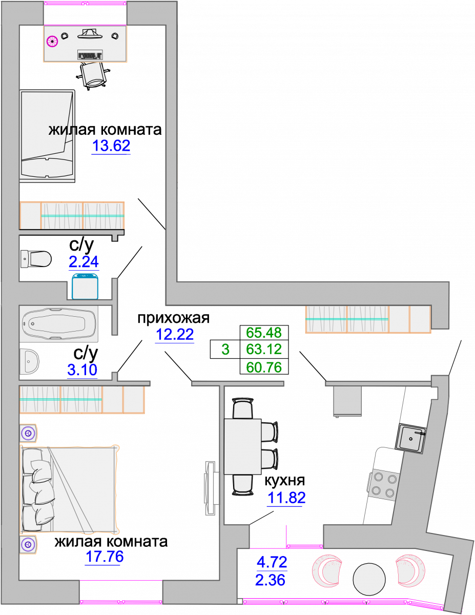 Квартира №56, 2-комнатная, 63.5 м², 2 этаж - планировка, ЖК «Венецианский квартал», дом 1