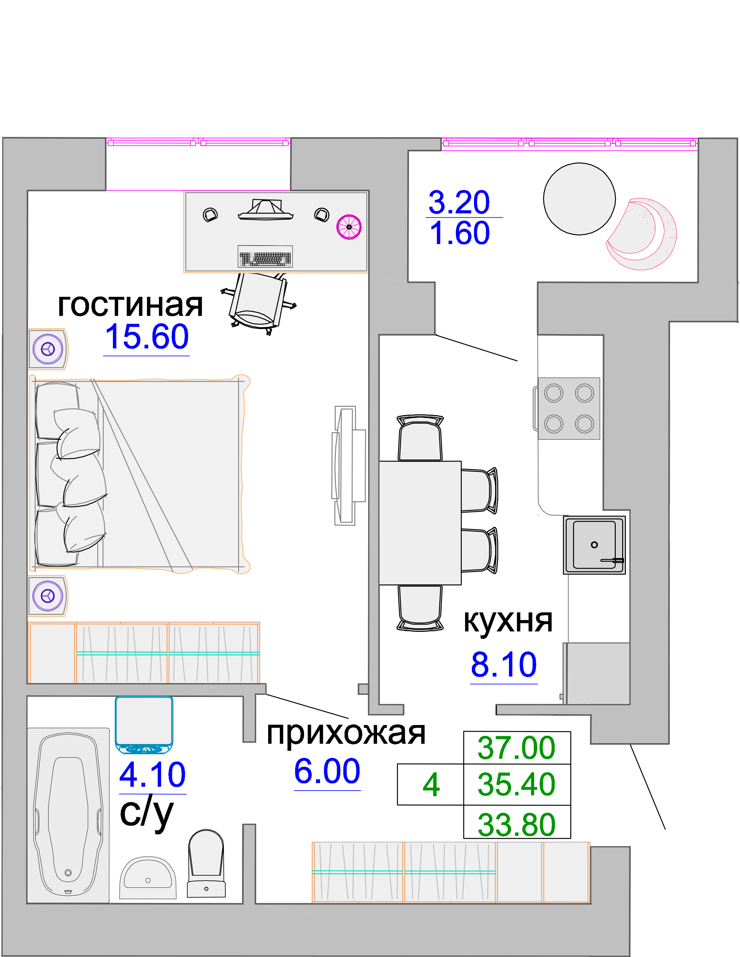 Квартира №57, 1-комнатная, 35.8 м², 2 этаж - планировка, ЖК «Венецианский квартал», дом 1
