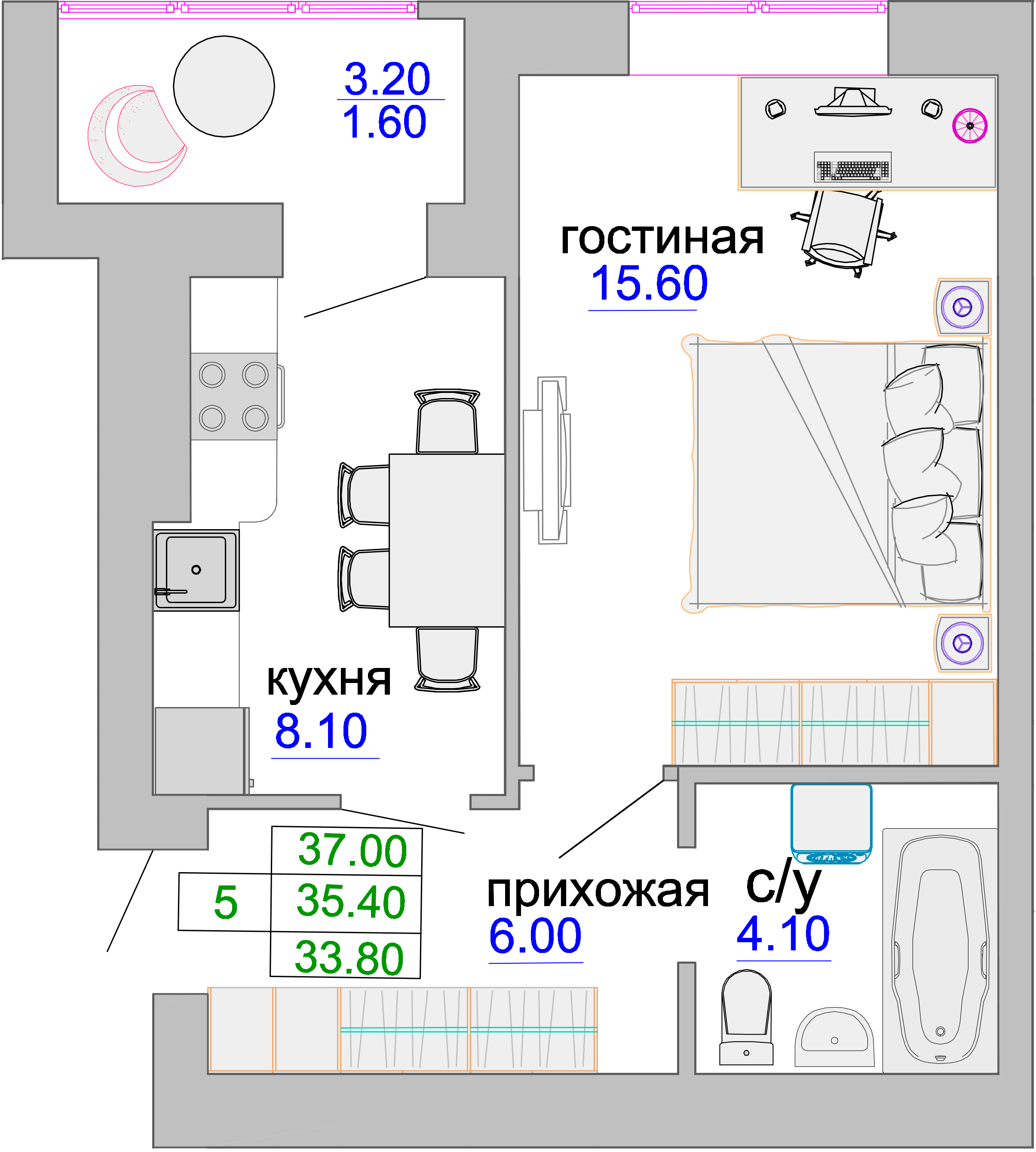 Квартира №58, 1-комнатная, 35.6 м², 2 этаж - планировка, ЖК «Венецианский квартал», дом 1