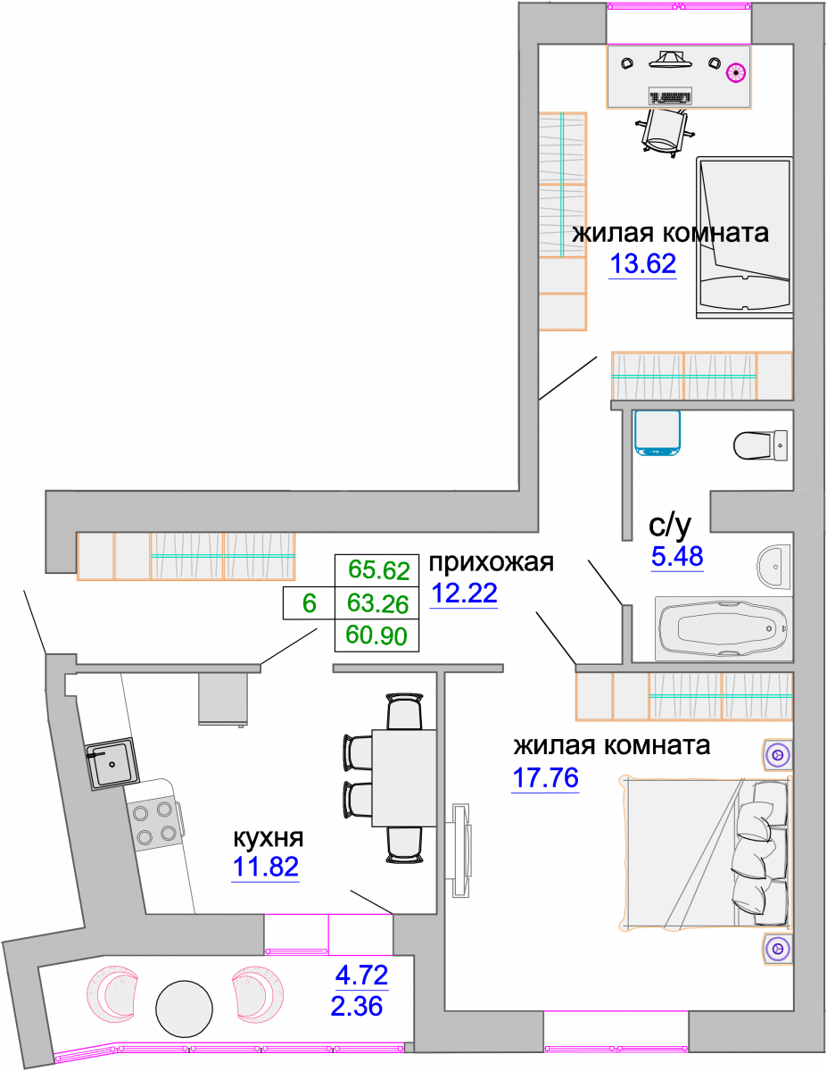 Квартира №59, 2-комнатная, 64 м², 2 этаж - планировка, ЖК «Венецианский квартал», дом 1