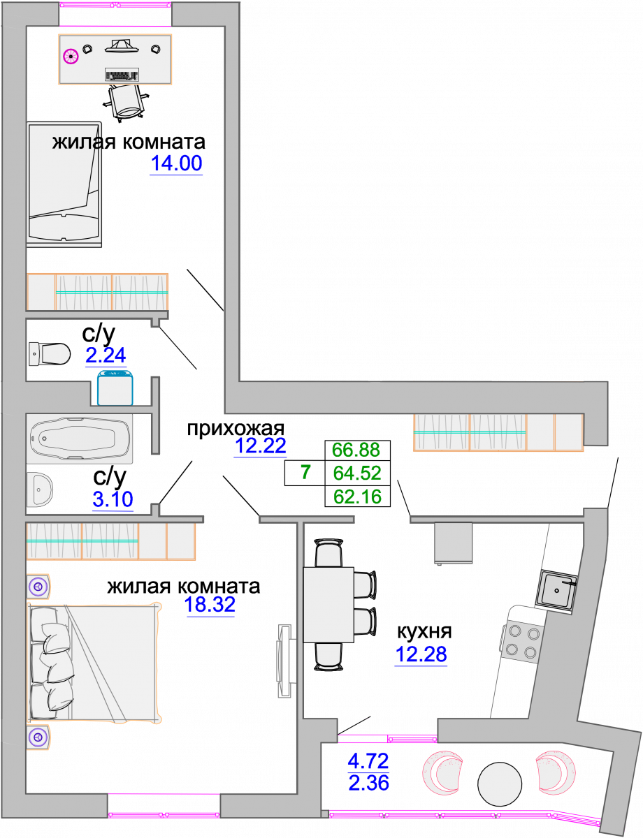 Квартира №60, 2-комнатная, 65 м², 3 этаж - планировка, ЖК «Венецианский квартал», дом 1