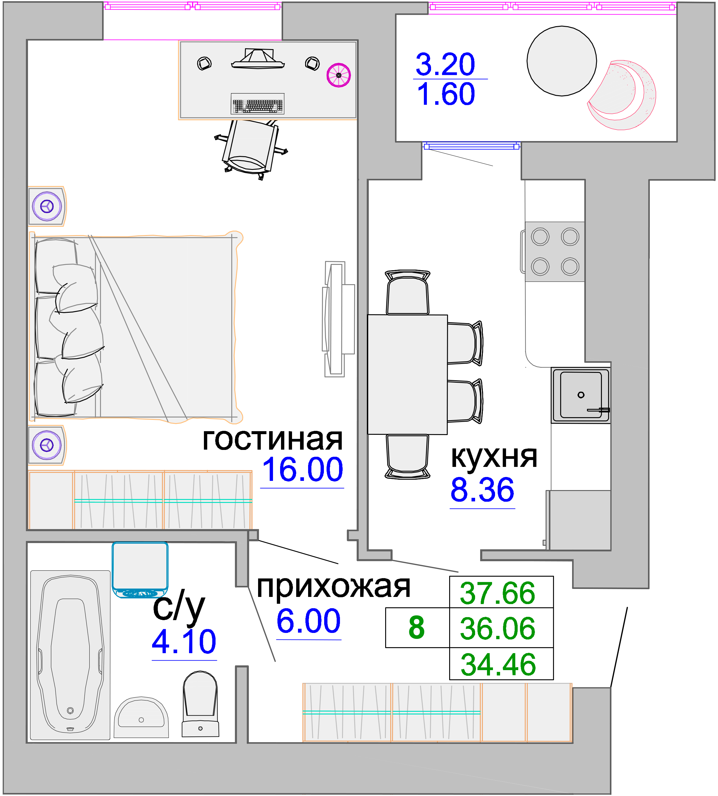 Квартира №61, 1-комнатная, 36.5 м², 3 этаж - планировка, ЖК «Венецианский квартал», дом 1