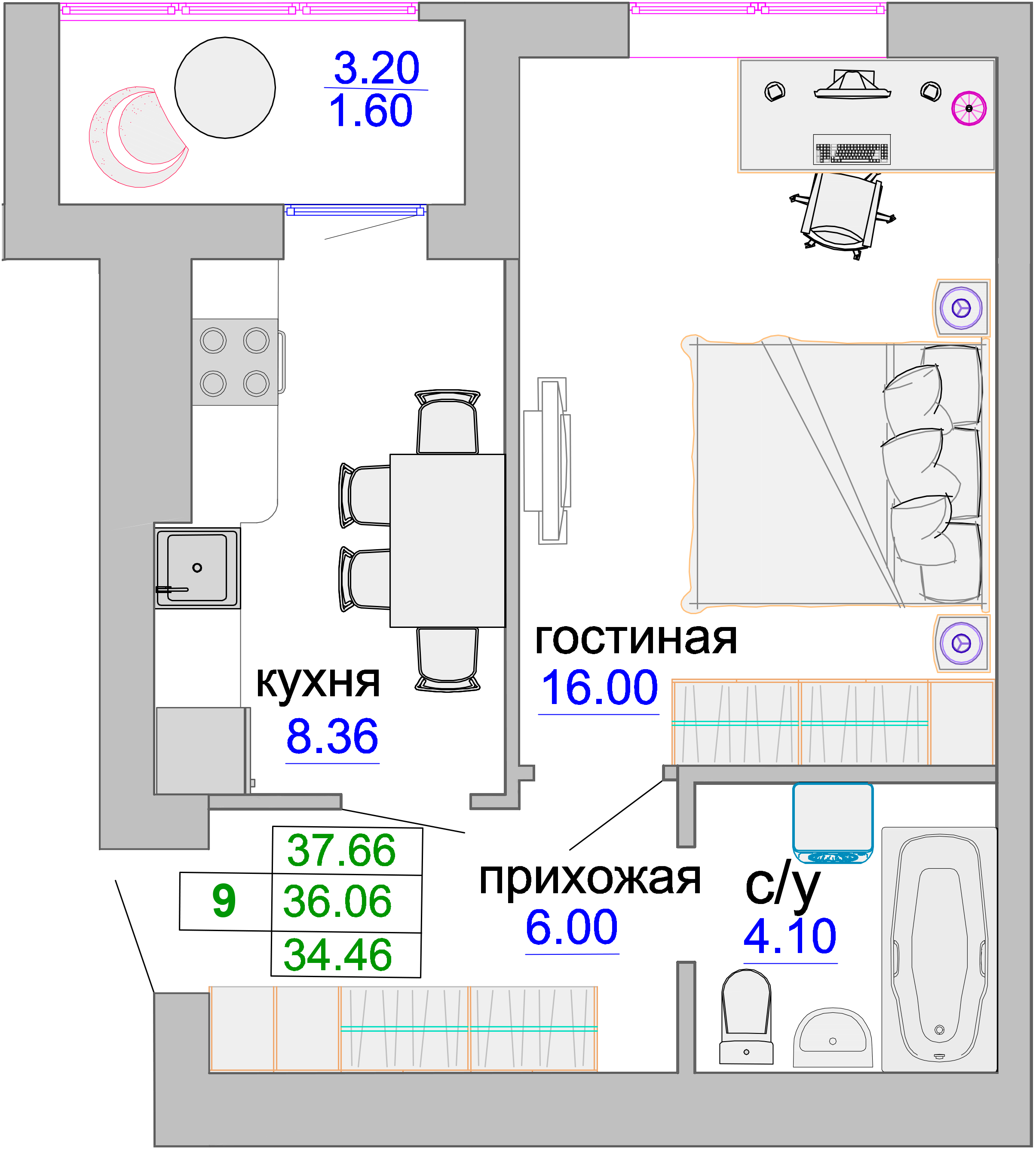 Квартира №62, 1-комнатная, 36.5 м², 3 этаж - планировка, ЖК «Венецианский квартал», дом 1