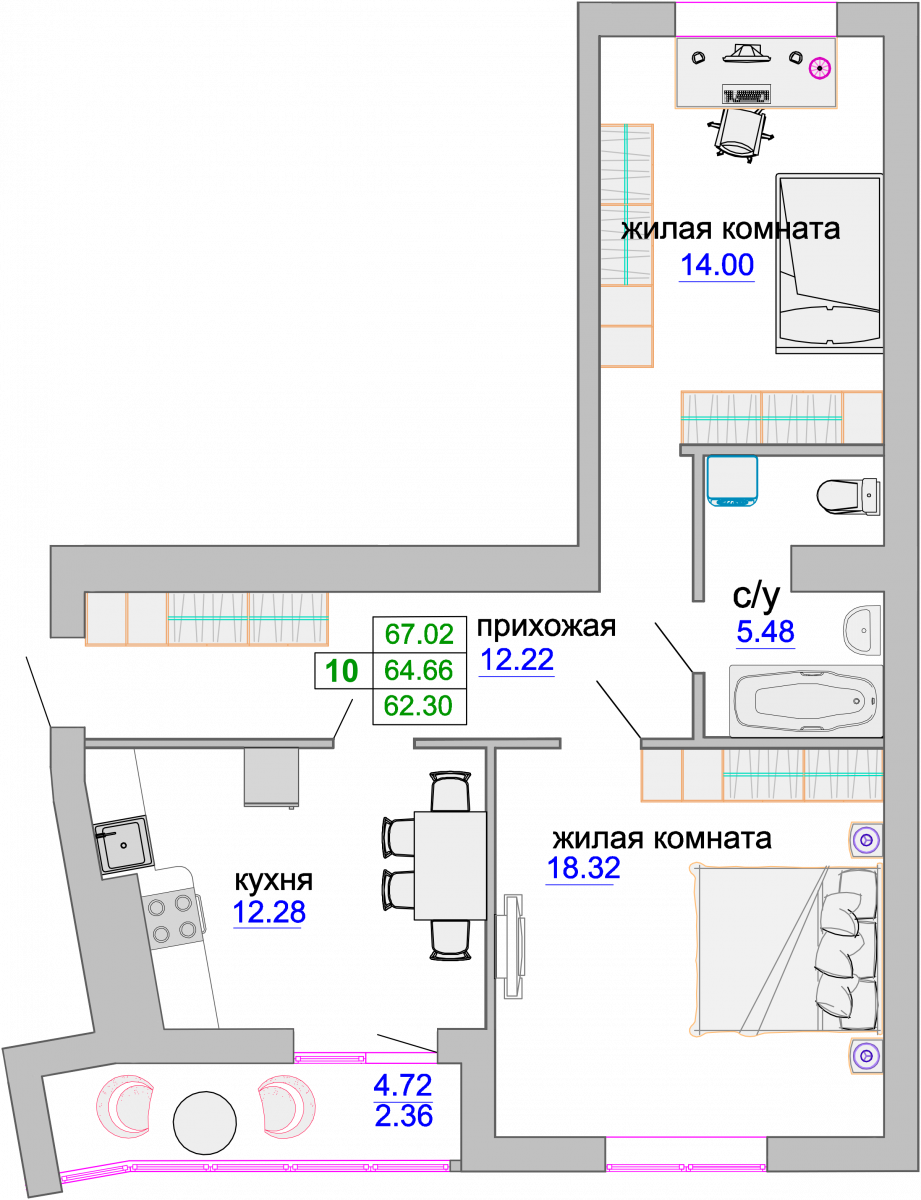 Квартира №63, 2-комнатная, 65.3 м², 3 этаж - планировка, ЖК «Венецианский квартал», дом 1