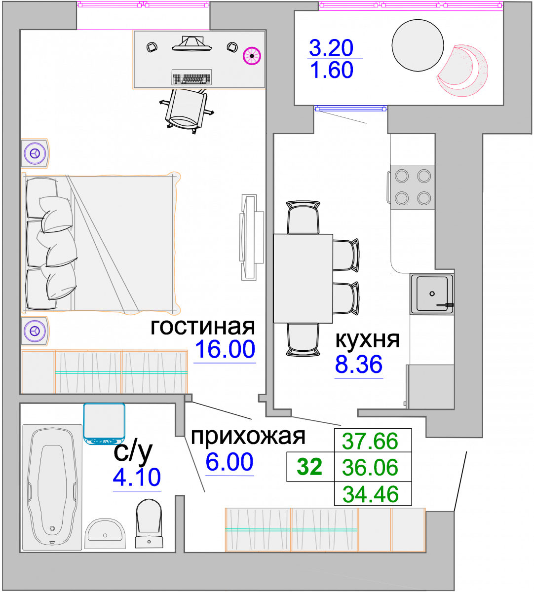 Квартира №85, 1-комнатная, 36.4 м², 9 этаж - планировка, ЖК «Венецианский квартал», дом 1