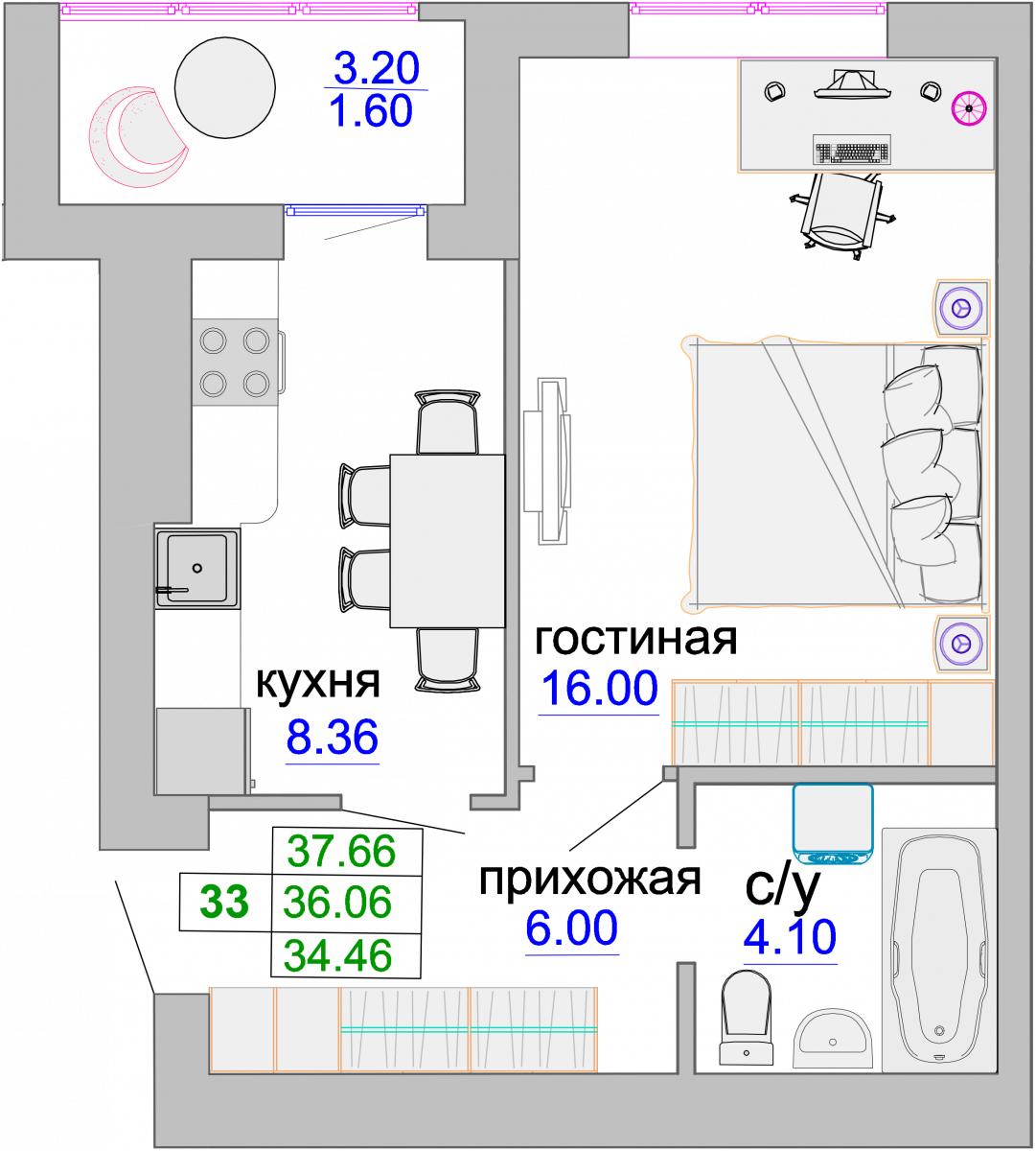 Квартира №86, 1-комнатная, 36.4 м², 9 этаж - планировка, ЖК «Венецианский квартал», дом 1
