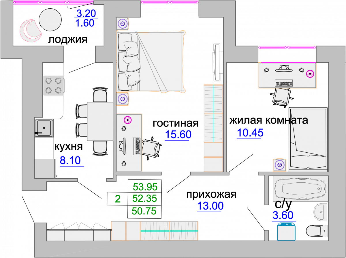 Квартира №89, 2-комнатная, 52.9 м², 1 этаж - планировка, ЖК «Венецианский квартал», дом 1
