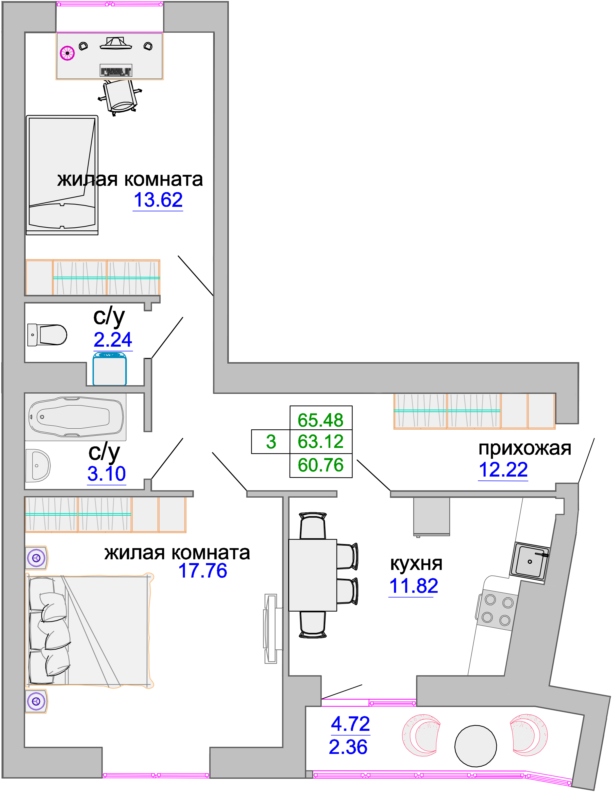 Квартира №90, 2-комнатная, 63.9 м², 2 этаж - планировка, ЖК «Венецианский квартал», дом 1