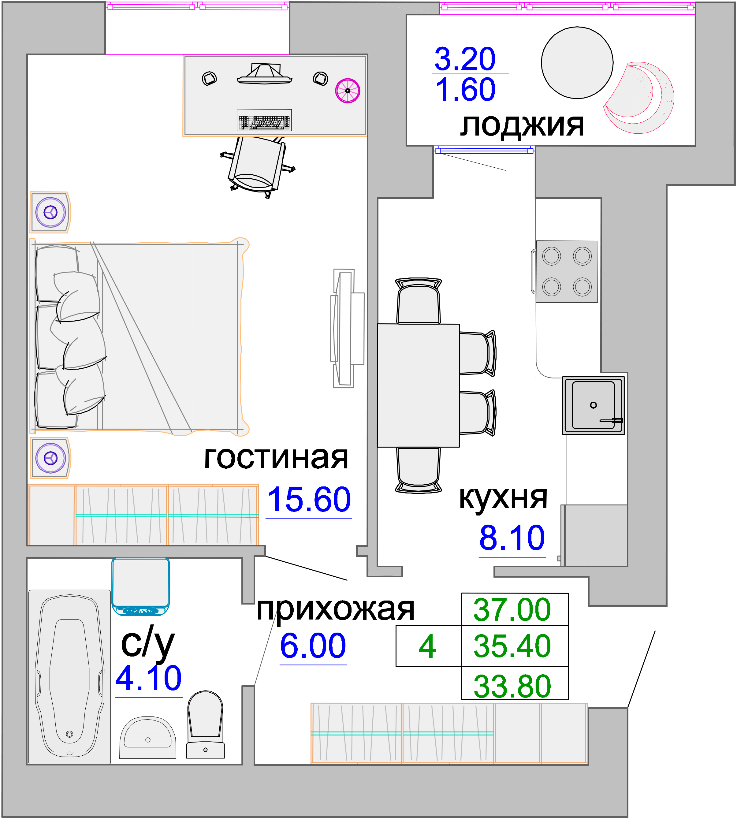 Квартира №91, 1-комнатная, 35.7 м², 2 этаж - планировка, ЖК «Венецианский квартал», дом 1