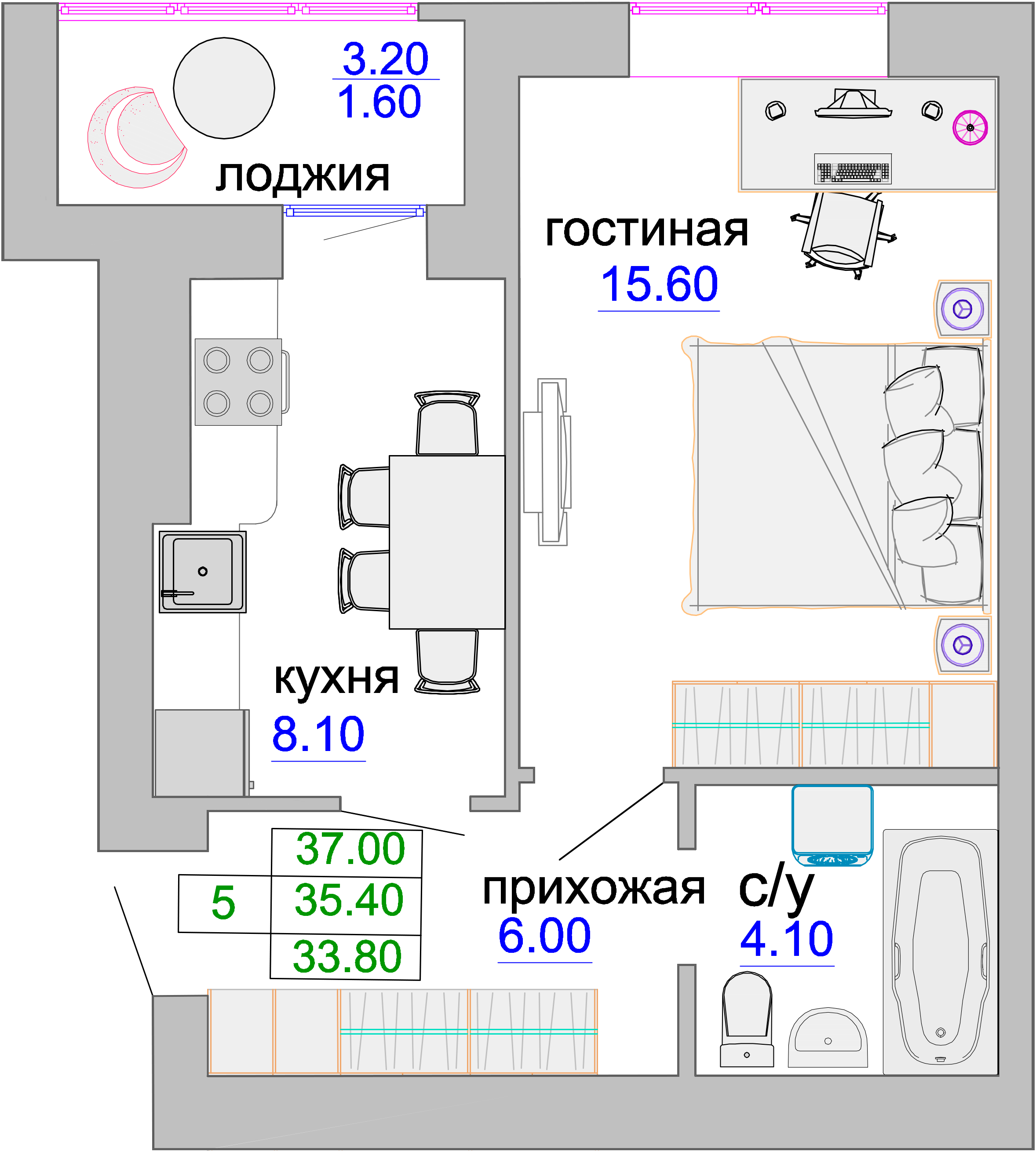 Квартира №92, 1-комнатная, 35.7 м², 2 этаж - планировка, ЖК «Венецианский квартал», дом 1