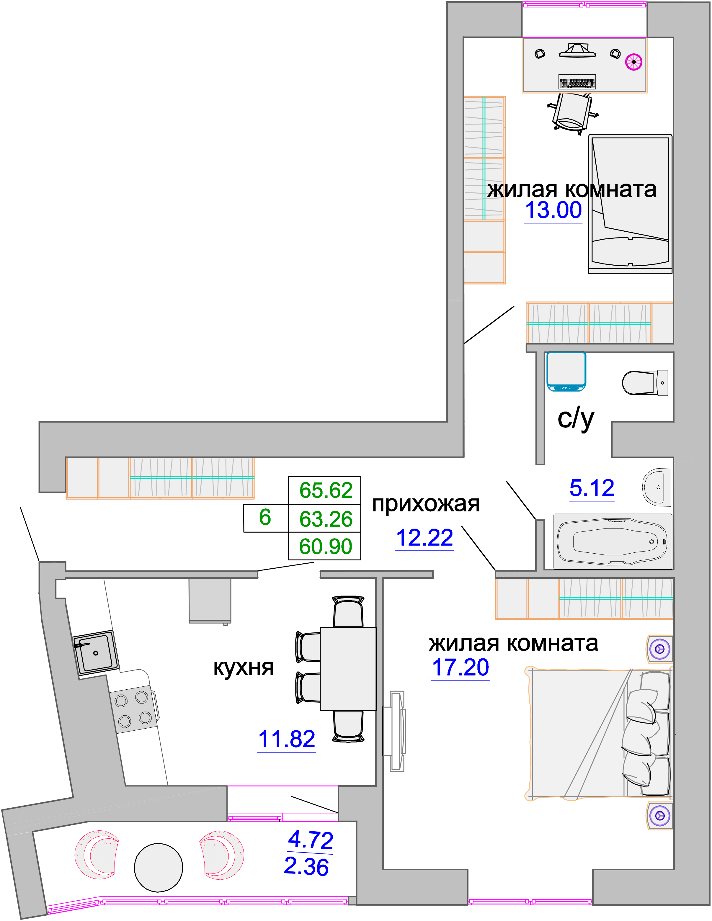 Квартира №93, 2-комнатная, 62.3 м², 2 этаж - планировка, ЖК «Венецианский квартал», дом 1