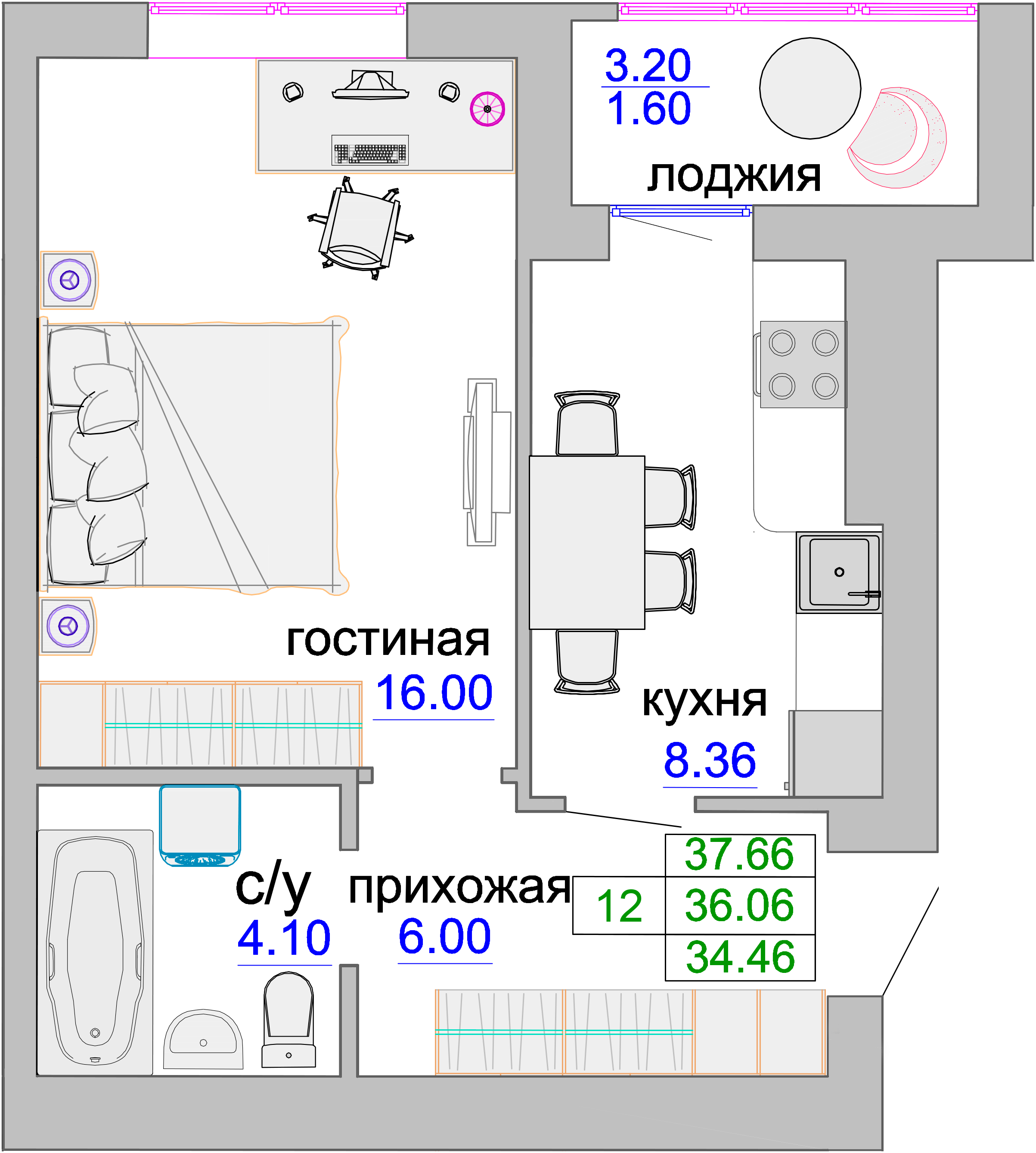 Квартира №99, 1-комнатная, 36.5 м², 4 этаж - планировка, ЖК «Венецианский квартал», дом 1