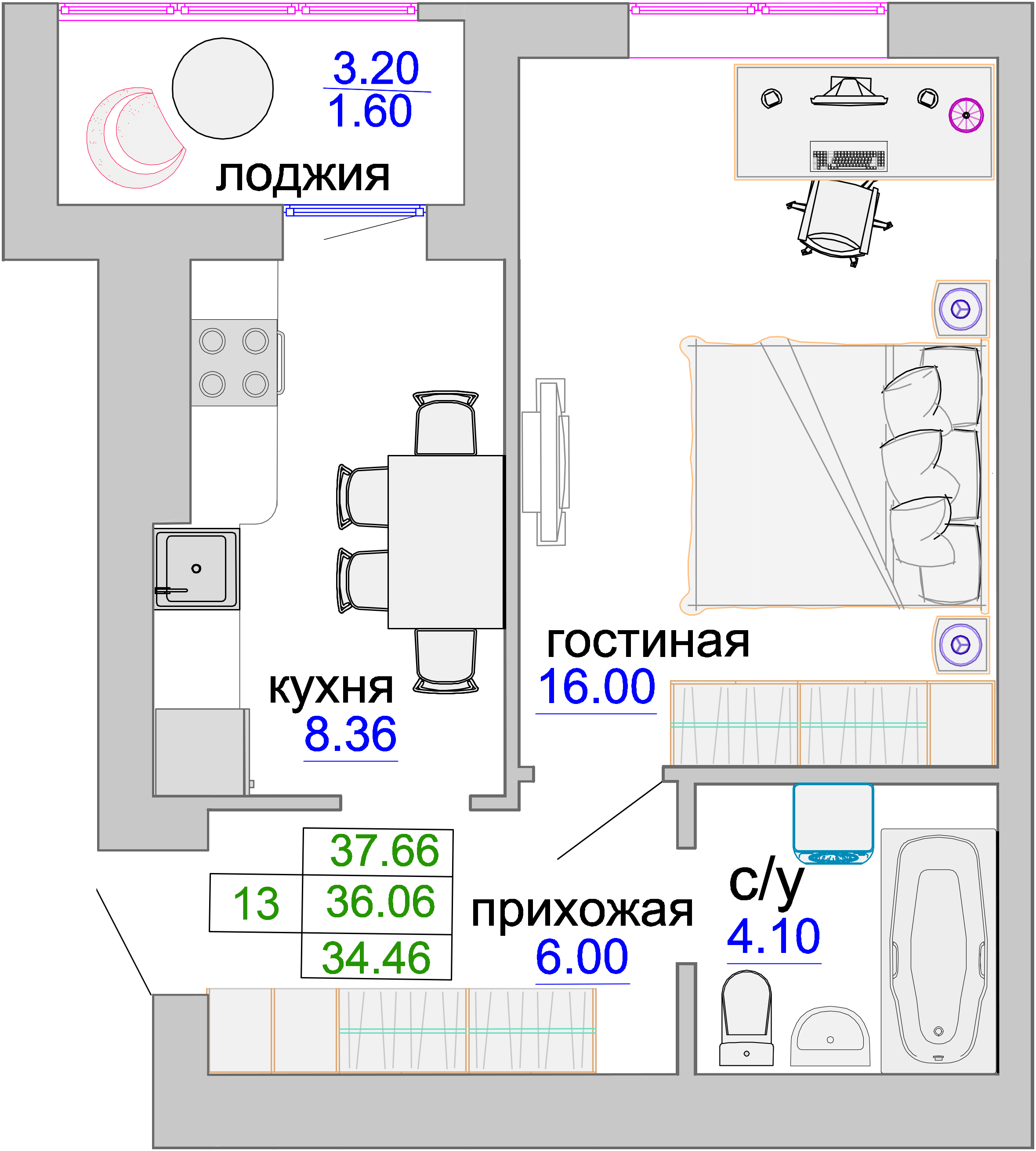 Квартира №100, 1-комнатная, 36.6 м², 4 этаж - планировка, ЖК «Венецианский квартал», дом 1