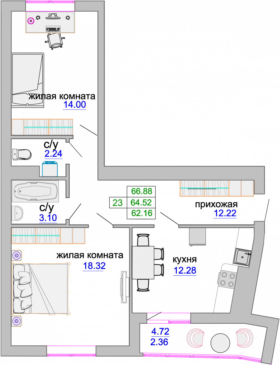 Квартира №110, 2-комнатная, 65.1 м², 7 этаж - планировка, ЖК «Венецианский квартал», дом 1