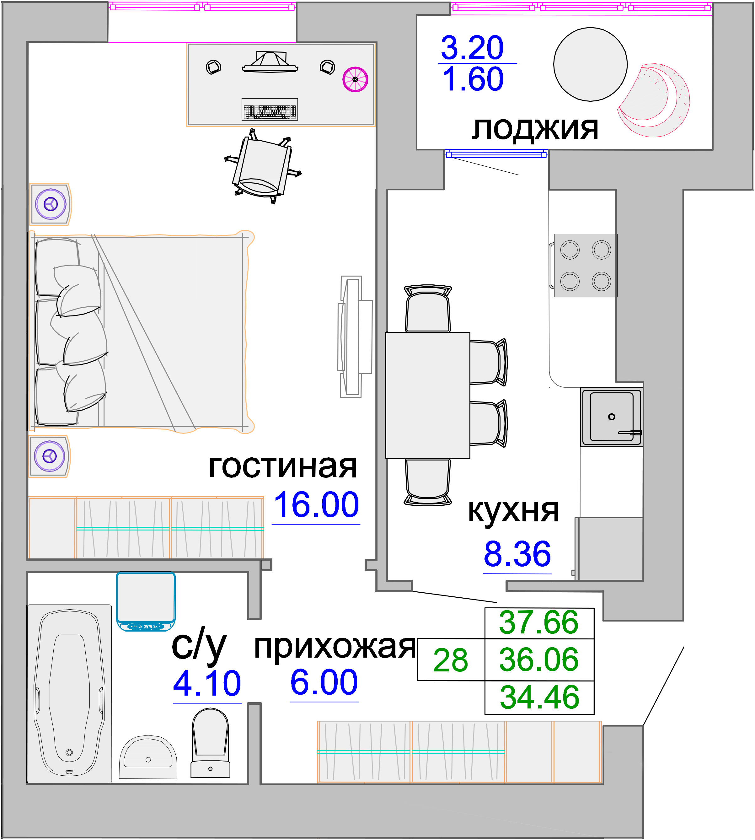 Квартира №115, 1-комнатная, 36.4 м², 8 этаж - планировка, ЖК «Венецианский квартал», дом 1