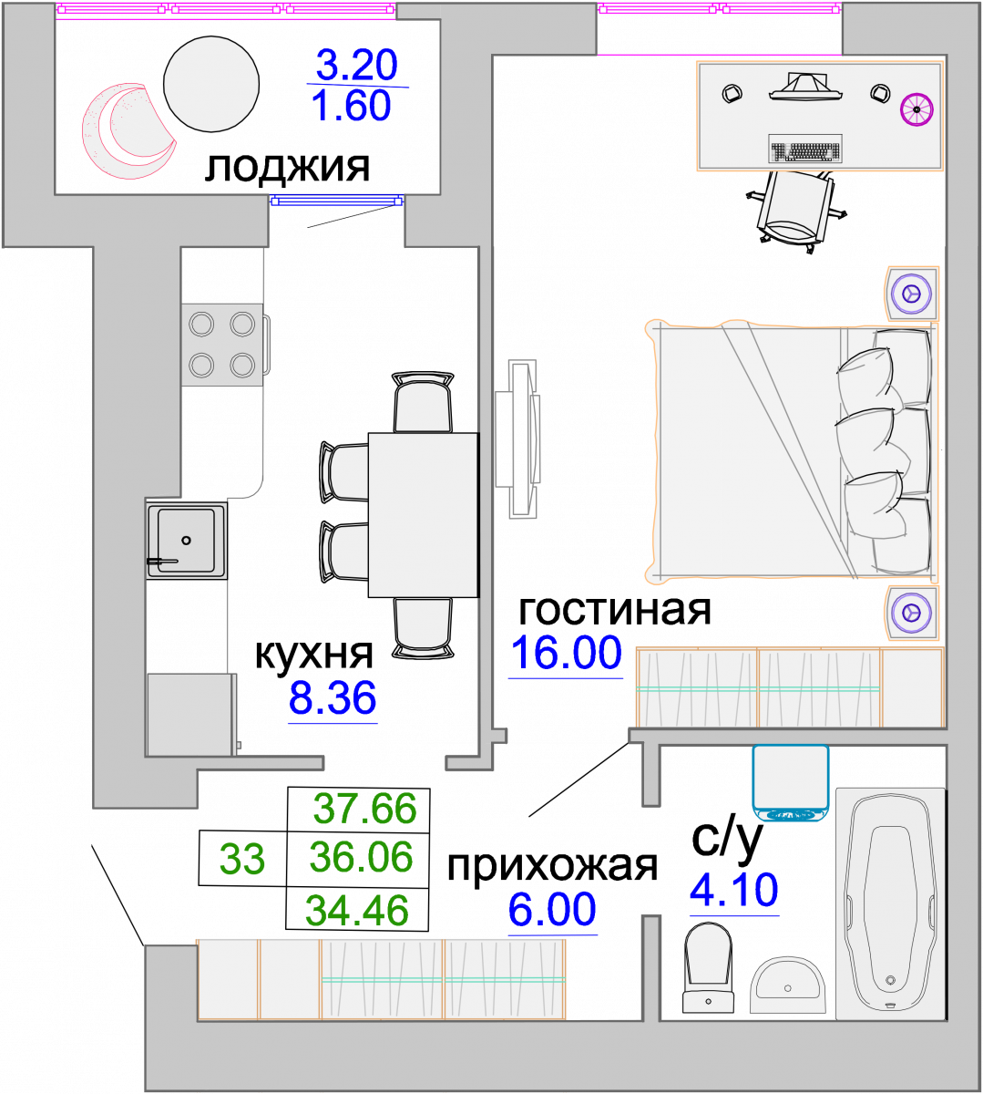 Квартира №120, 1-комнатная, 36.3 м², 9 этаж - планировка, ЖК «Венецианский квартал», дом 1