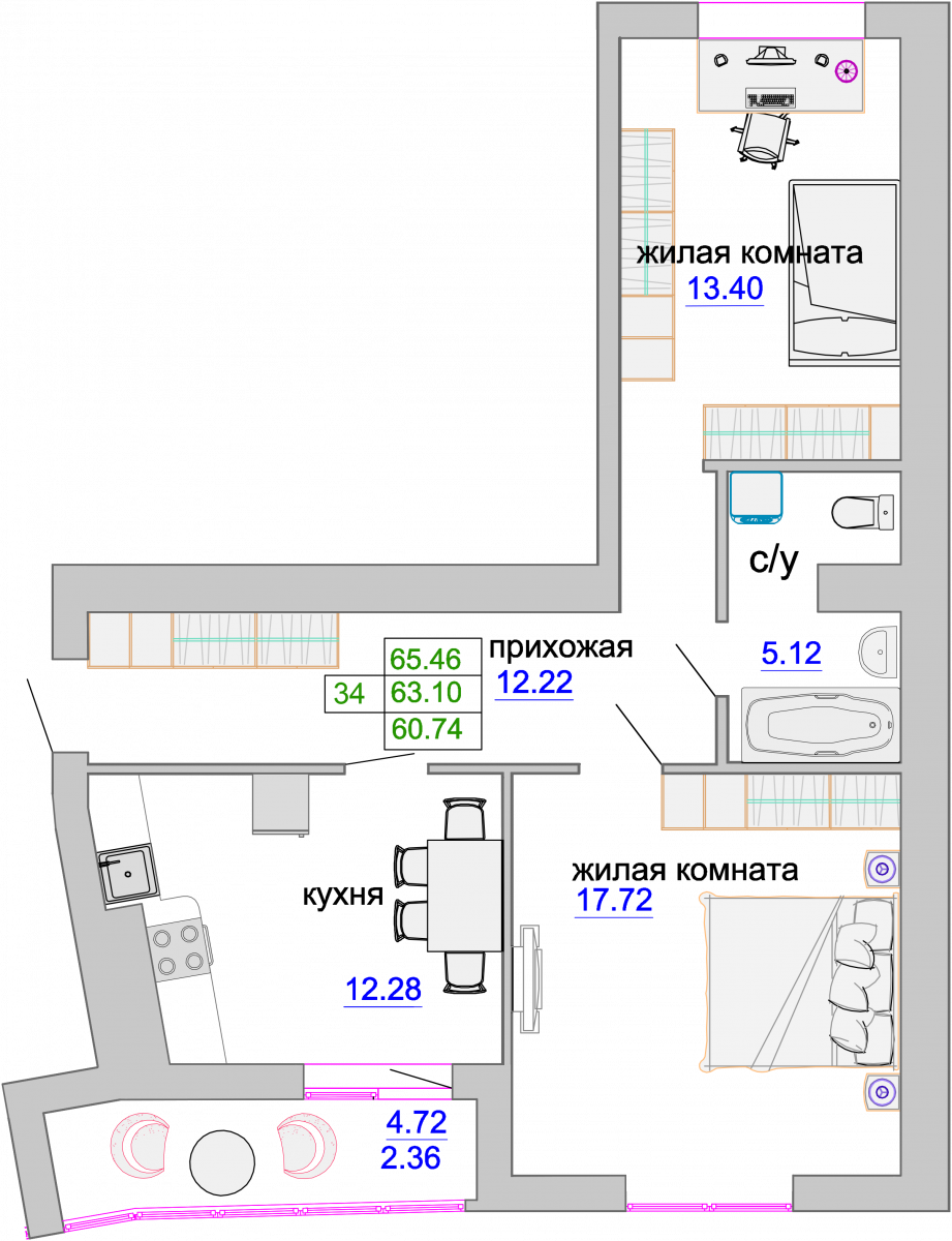 Квартира №121, 2-комнатная, 116.9 м², 9 этаж - планировка, ЖК «Венецианский квартал», дом 1
