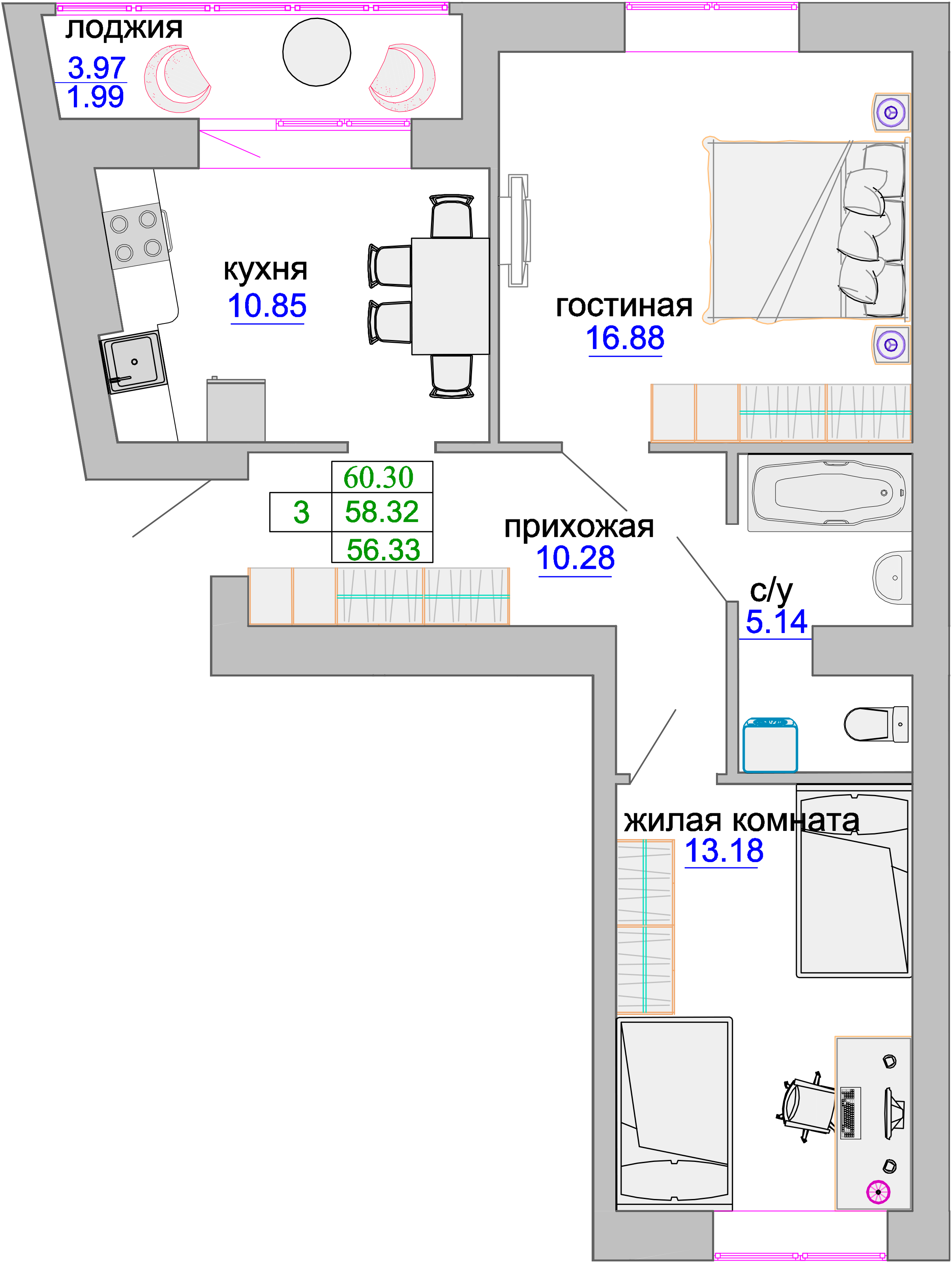 Квартира №294, 2-комнатная, 59 м², 2 этаж - планировка, ЖК «Венецианский квартал», дом 1