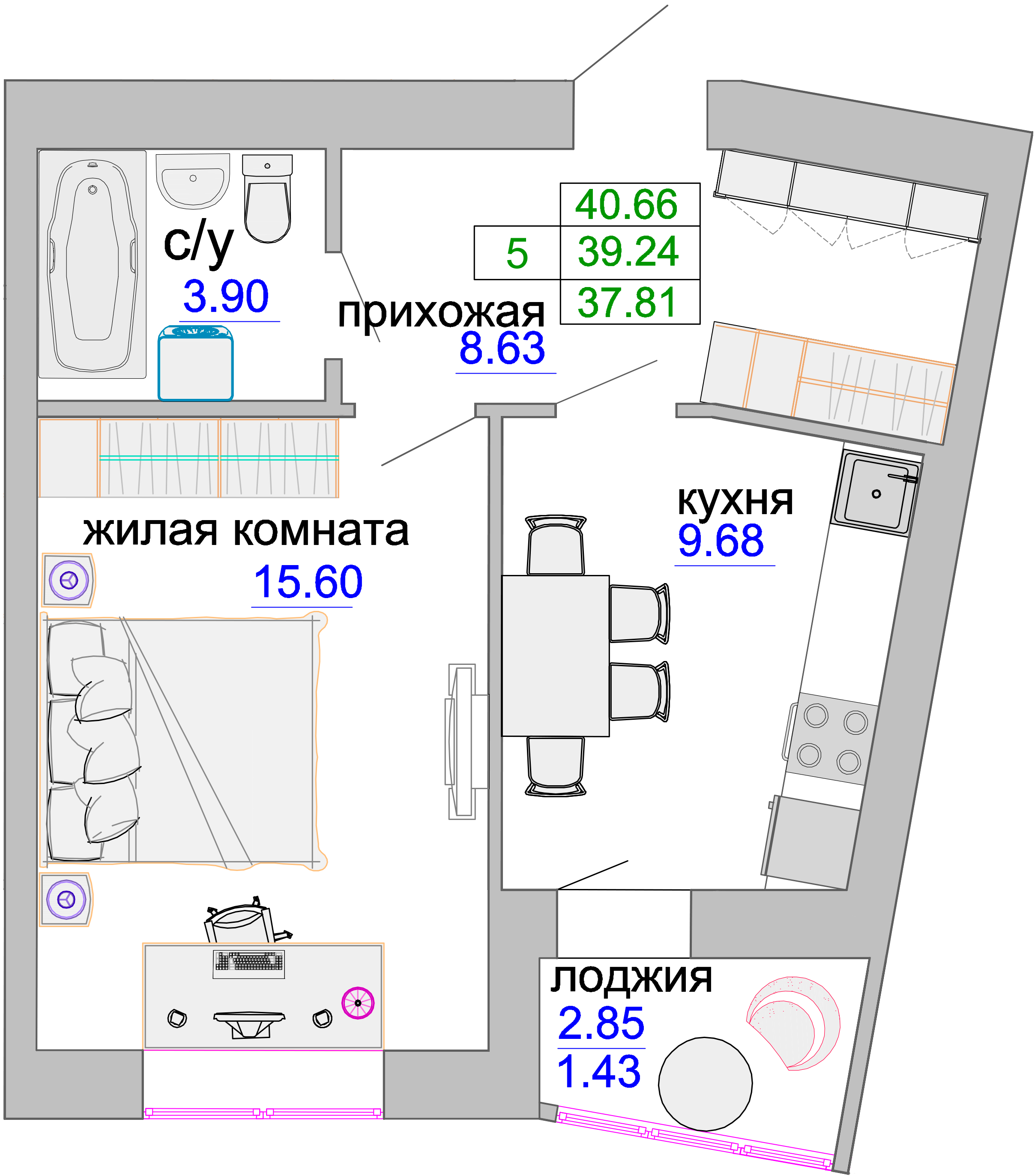 Квартира №296, 1-комнатная, 39.8 м², 2 этаж - планировка, ЖК «Венецианский квартал», дом 1