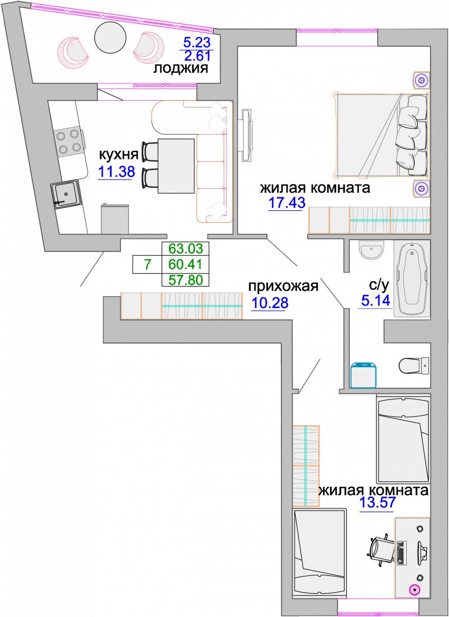 Квартира №298, 2-комнатная, 60.6 м², 3 этаж - планировка, ЖК «Венецианский квартал», дом 1