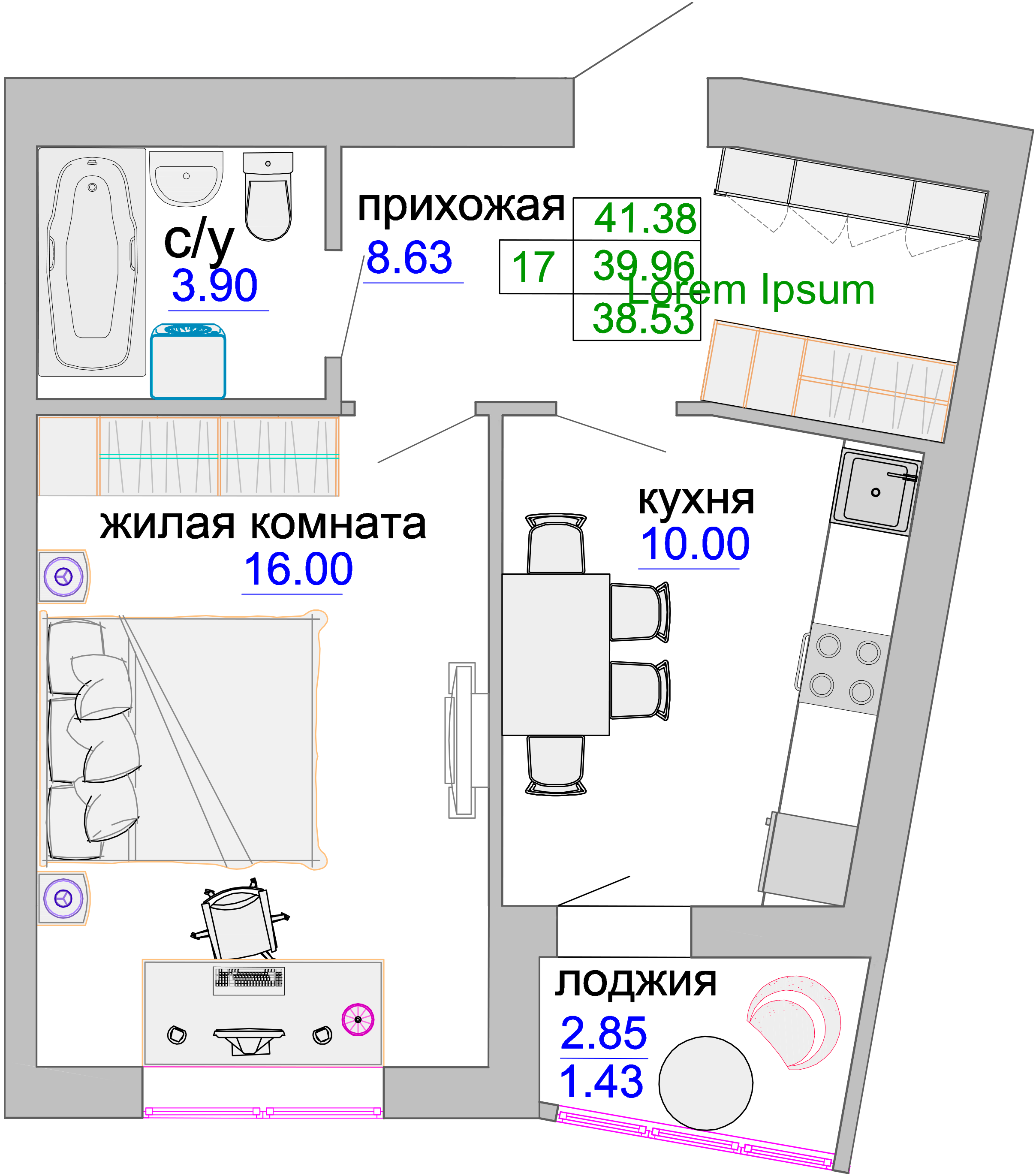 Квартира №308, 1-комнатная, 40.3 м², 5 этаж - планировка, ЖК «Венецианский квартал», дом 1