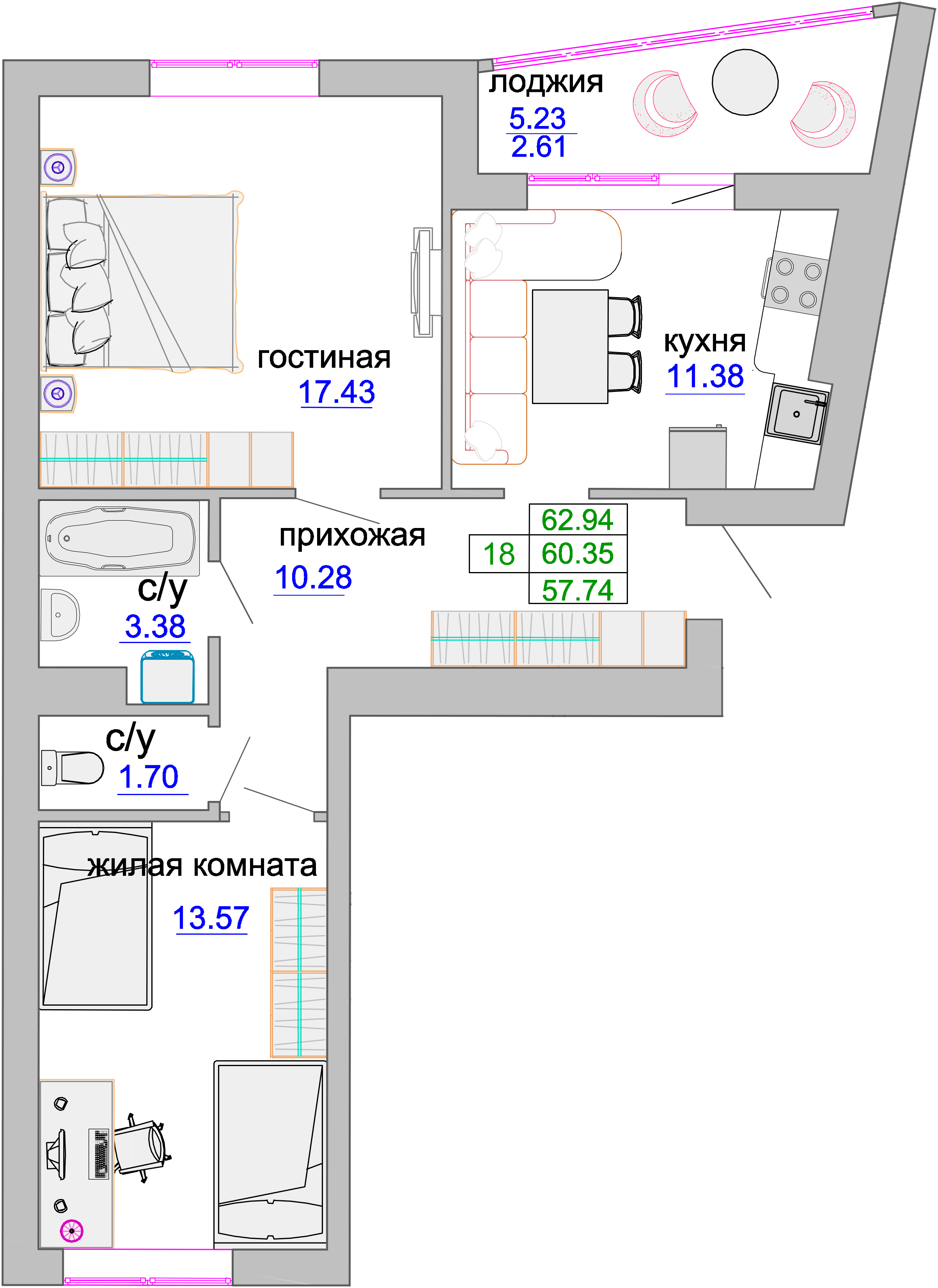 Квартира №309, 2-комнатная, 61.3 м², 5 этаж - планировка, ЖК «Венецианский квартал», дом 1