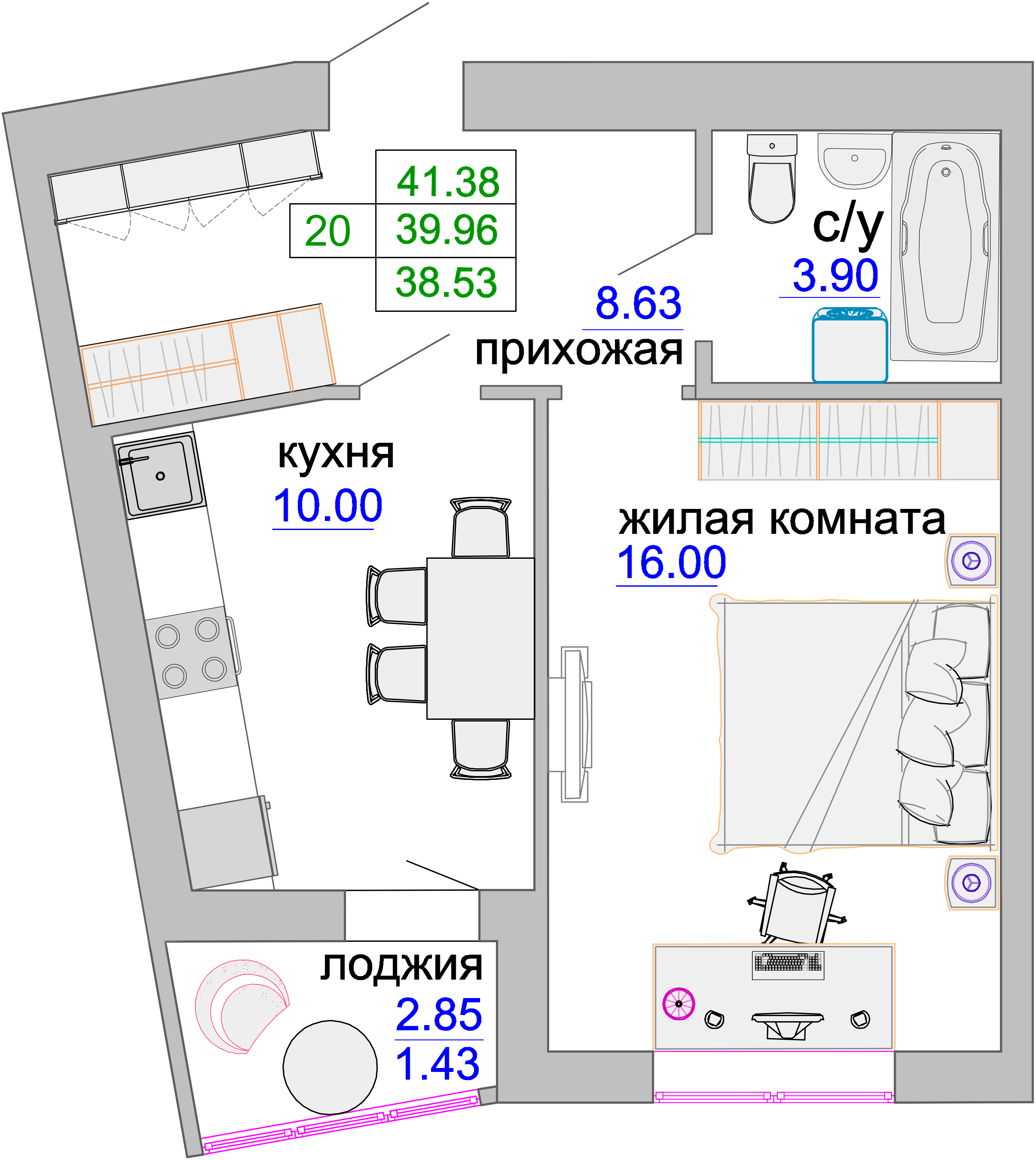 Квартира №311, 1-комнатная, 40.4 м², 6 этаж - планировка, ЖК «Венецианский квартал», дом 1