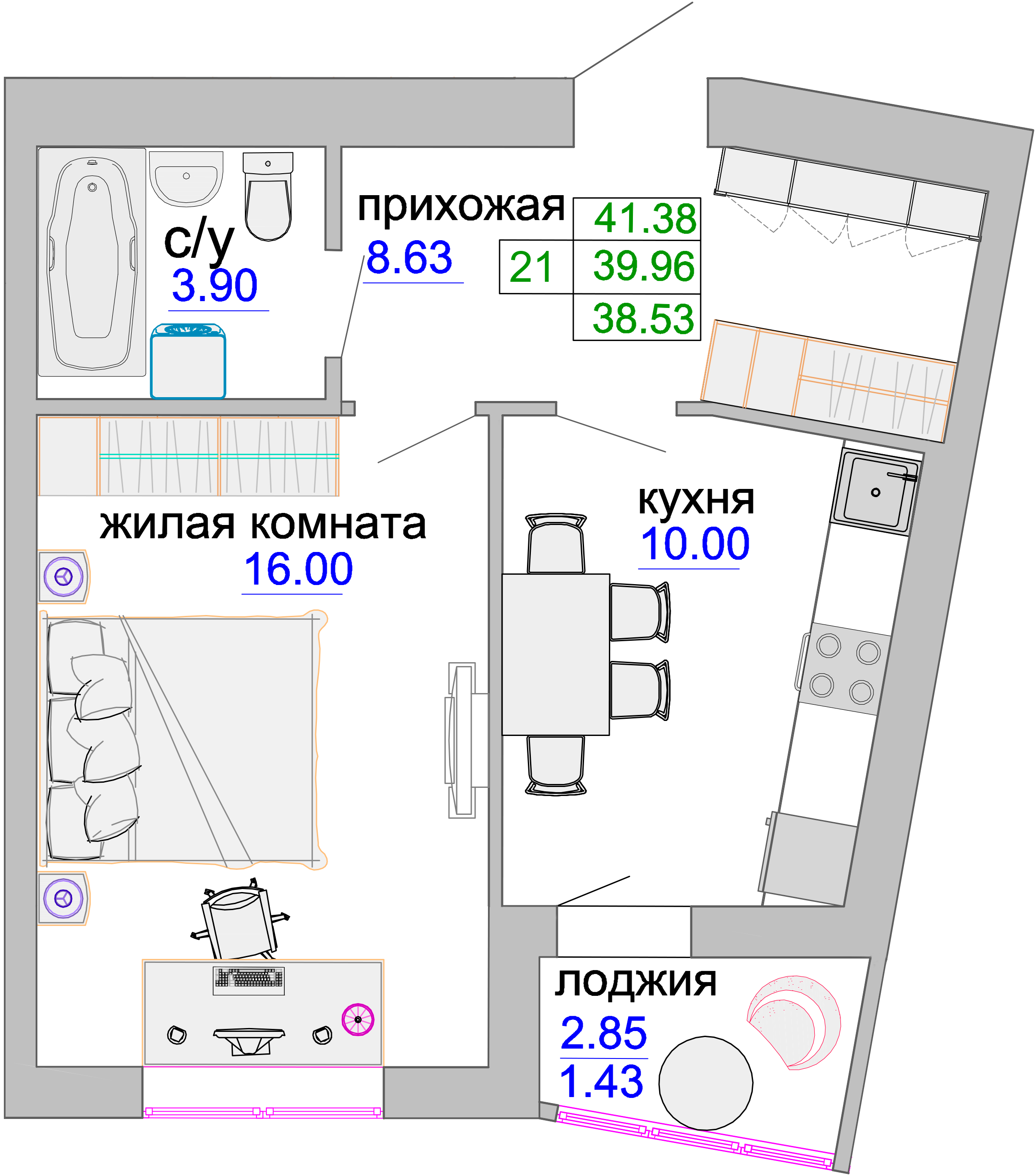 Квартира №312, 1-комнатная, 40.2 м², 6 этаж - планировка, ЖК «Венецианский квартал», дом 1