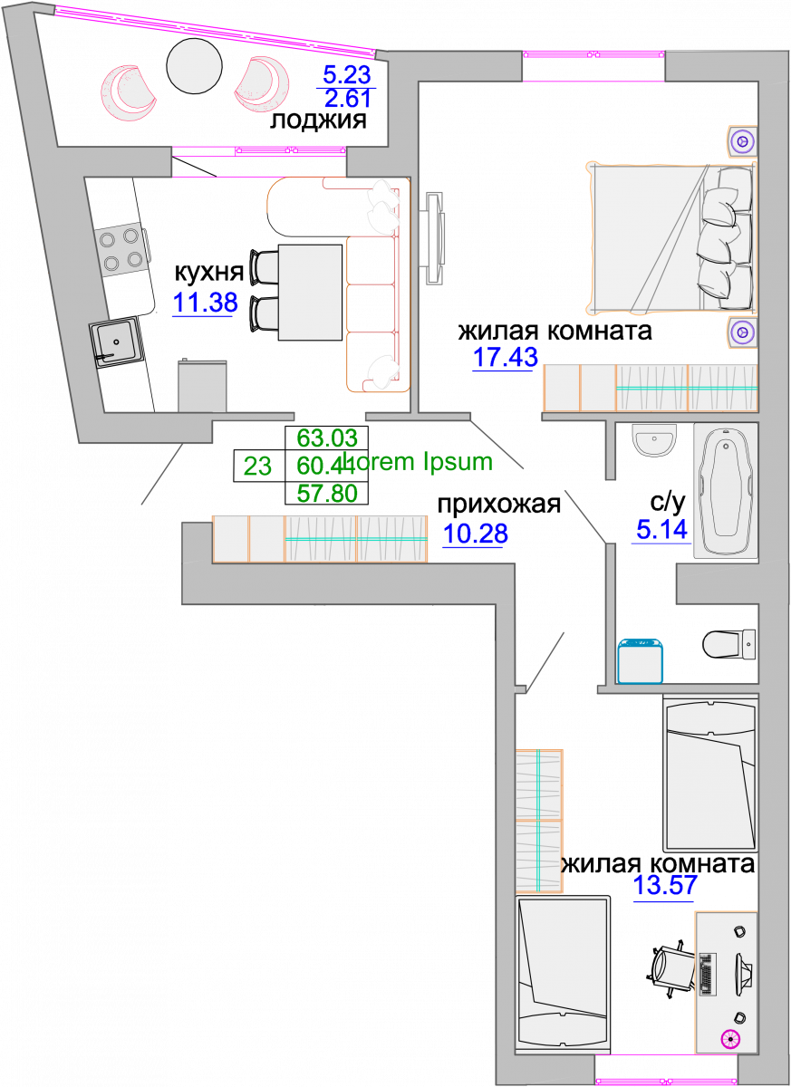 Квартира №314, 2-комнатная, 61.2 м², 7 этаж - планировка, ЖК «Венецианский квартал», дом 1