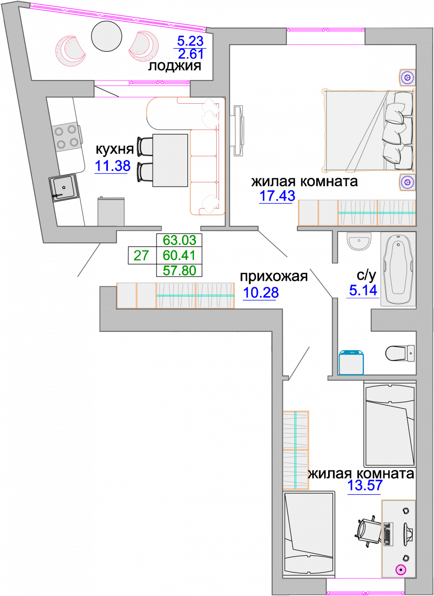 Квартира №318, 2-комнатная, 61.1 м², 8 этаж - планировка, ЖК «Венецианский квартал», дом 1