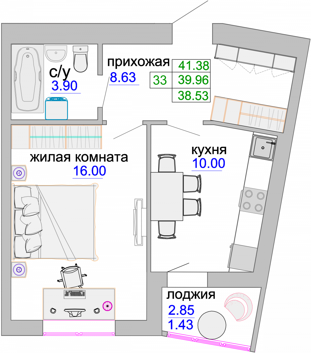 Квартира №324, 1-комнатная, 80.4 м², 9 этаж - планировка, ЖК «Венецианский квартал», дом 1