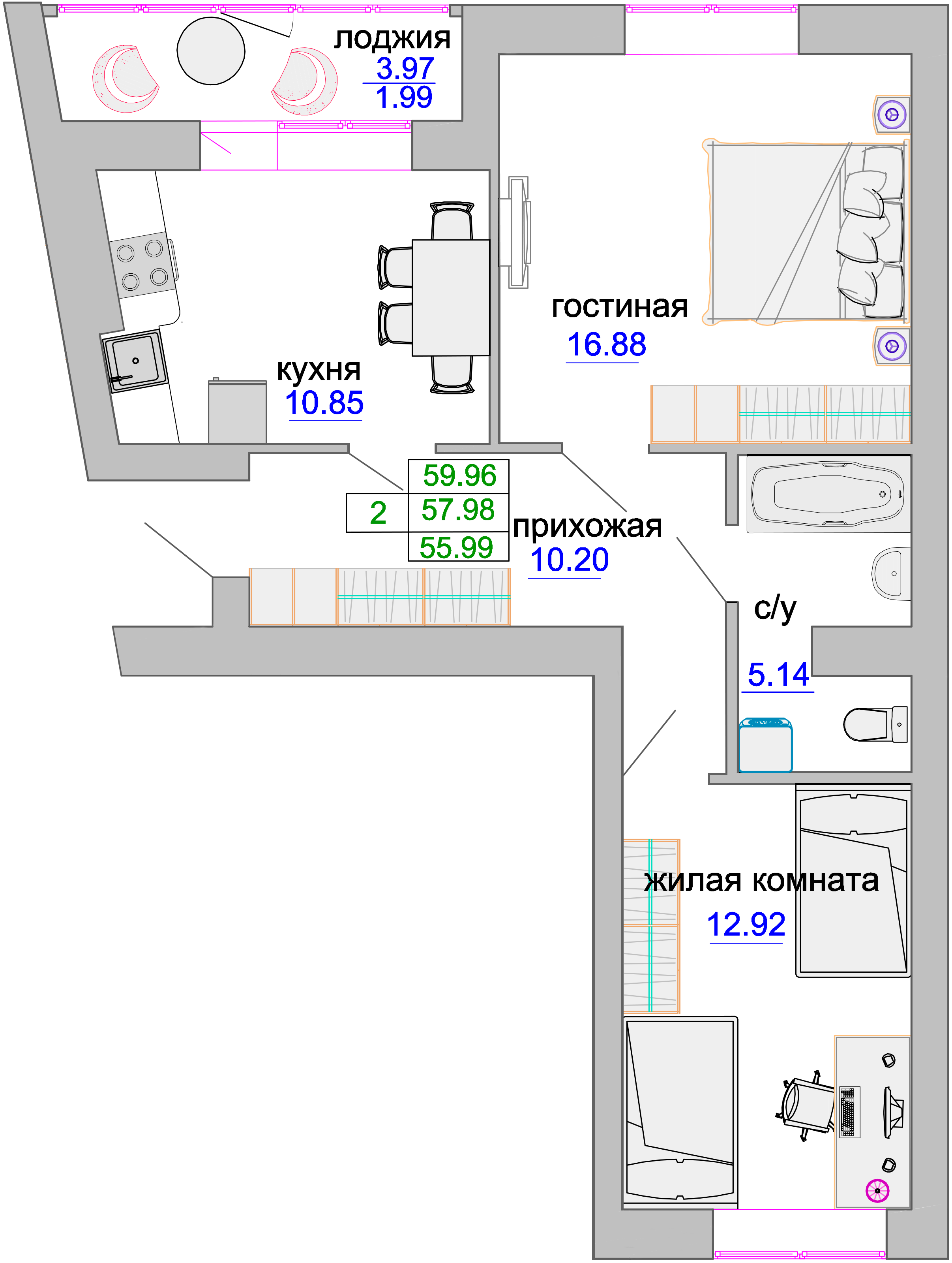Квартира №327, 2-комнатная, 58.4 м², 1 этаж - планировка, ЖК «Венецианский квартал», дом 1