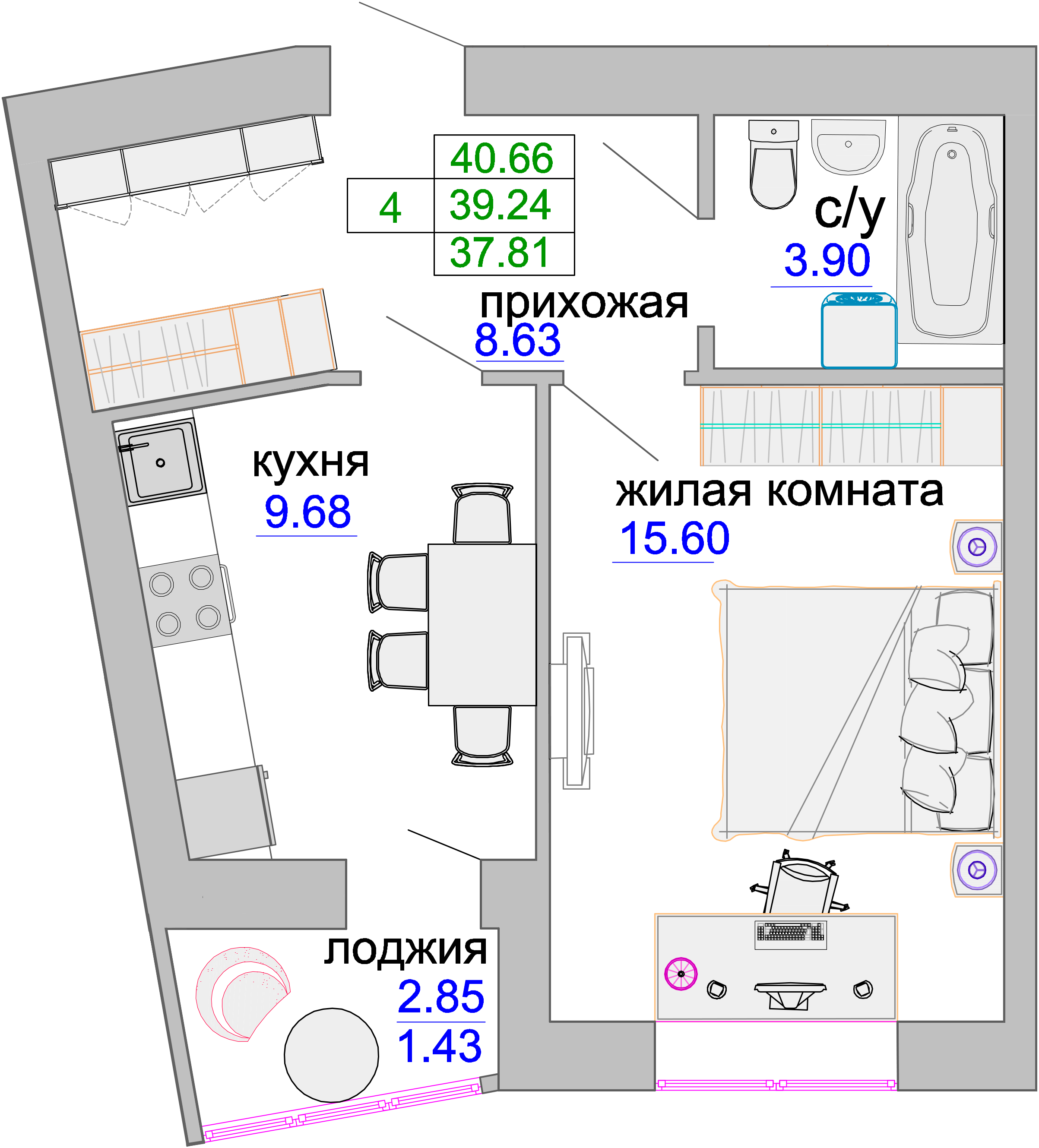 Квартира №329, 1-комнатная, 39.6 м², 2 этаж - планировка, ЖК «Венецианский квартал», дом 1
