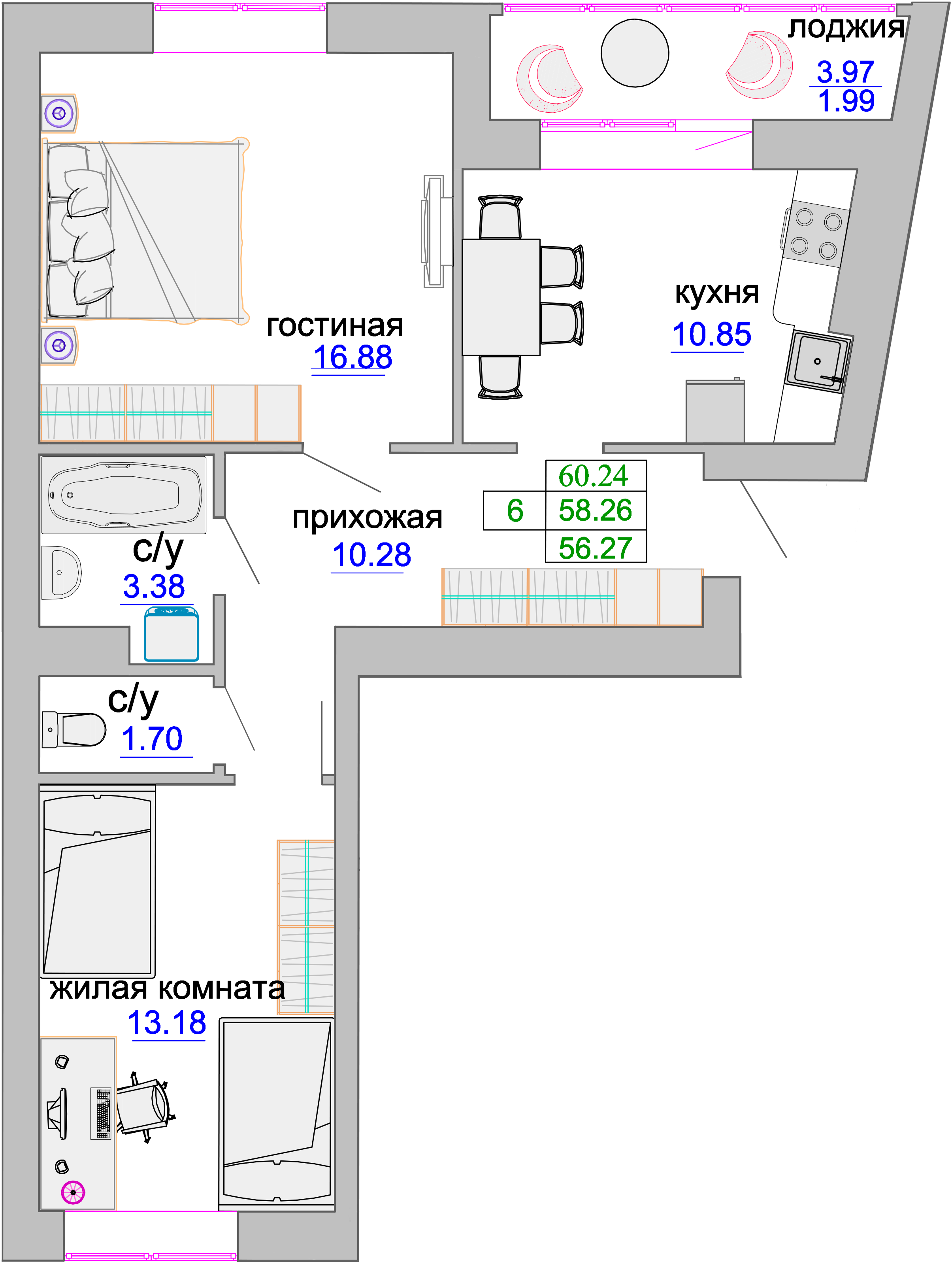 Квартира №331, 2-комнатная, 58.9 м², 2 этаж - планировка, ЖК «Венецианский квартал», дом 1