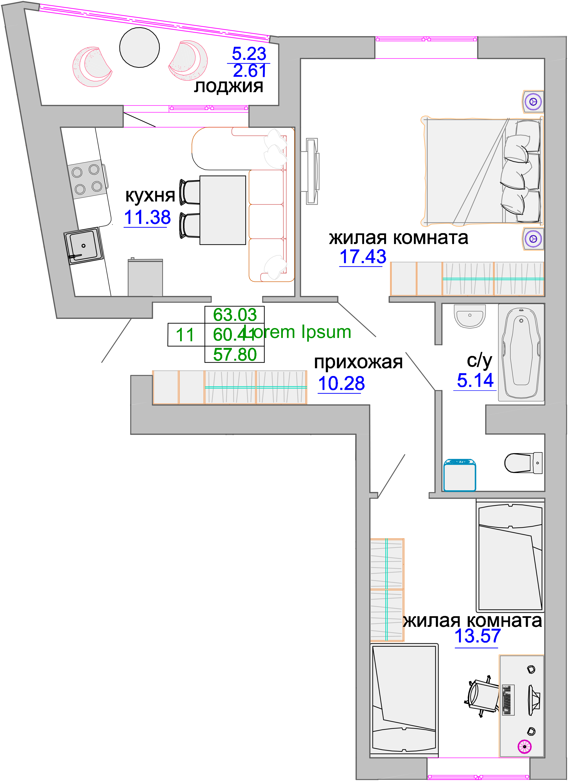 Квартира №336, 2-комнатная, 61.2 м², 4 этаж - планировка, ЖК «Венецианский квартал», дом 1